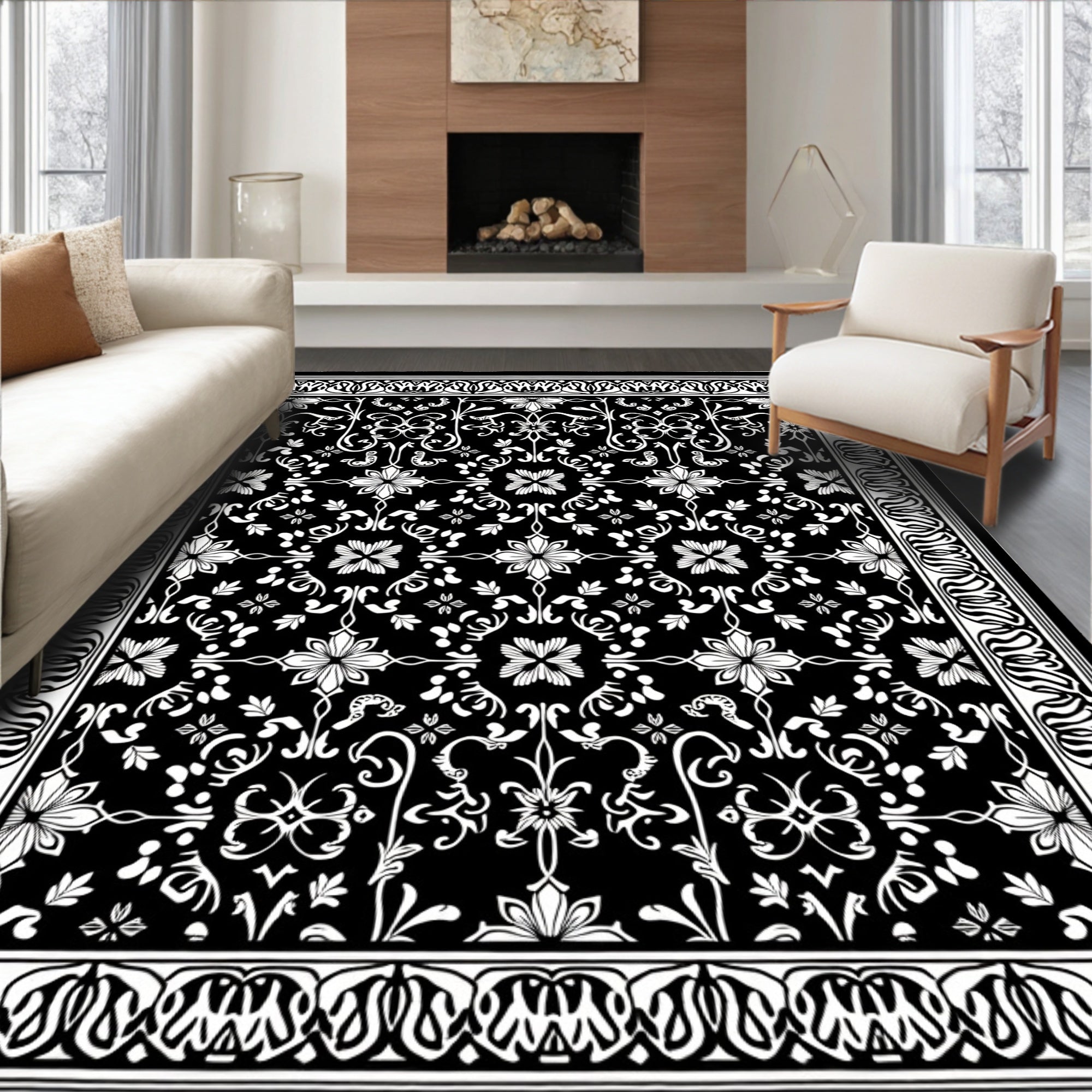 Ornate Floral Black White Pattern Rug
