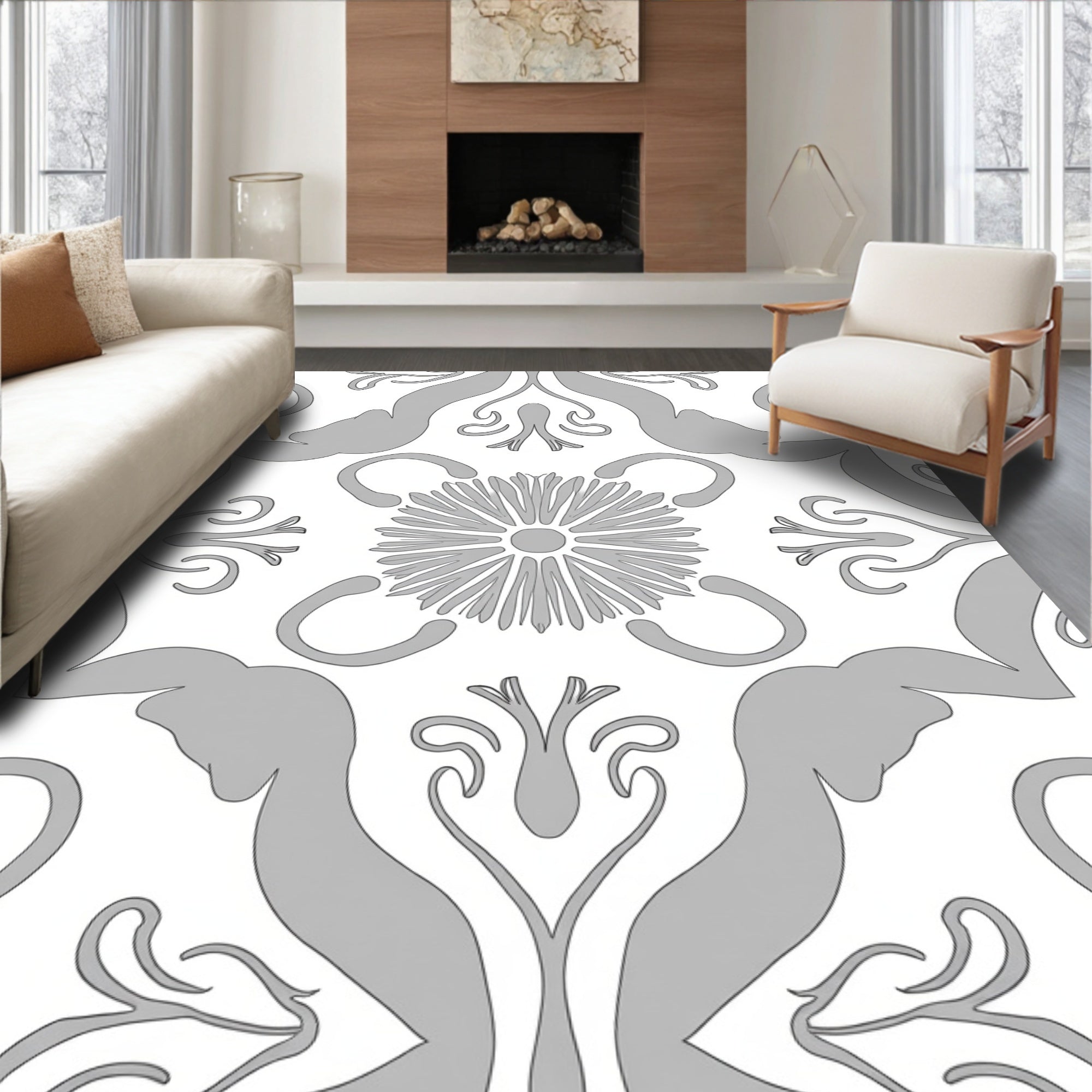 Ornate Floral Damask Scroll Pattern Rug