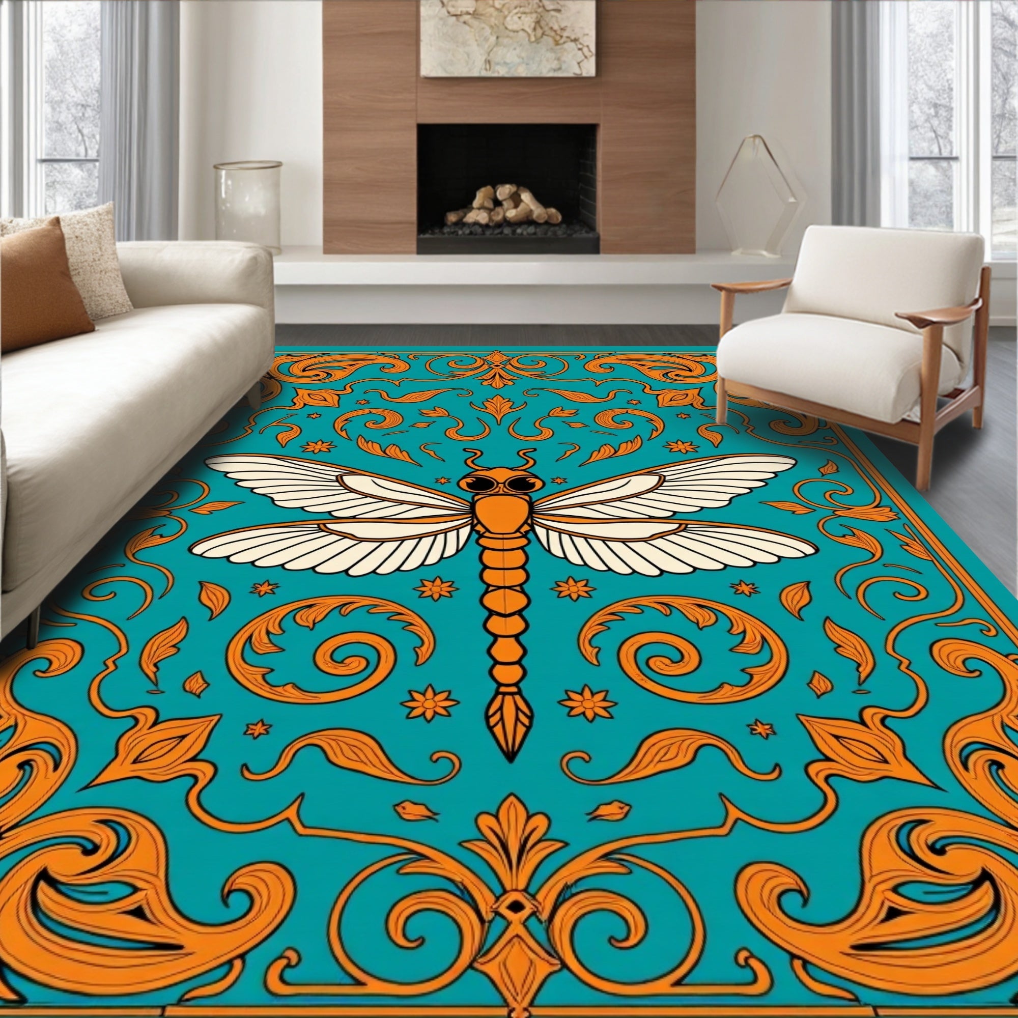 Orange Dragonfly Teal Baroque Rug
