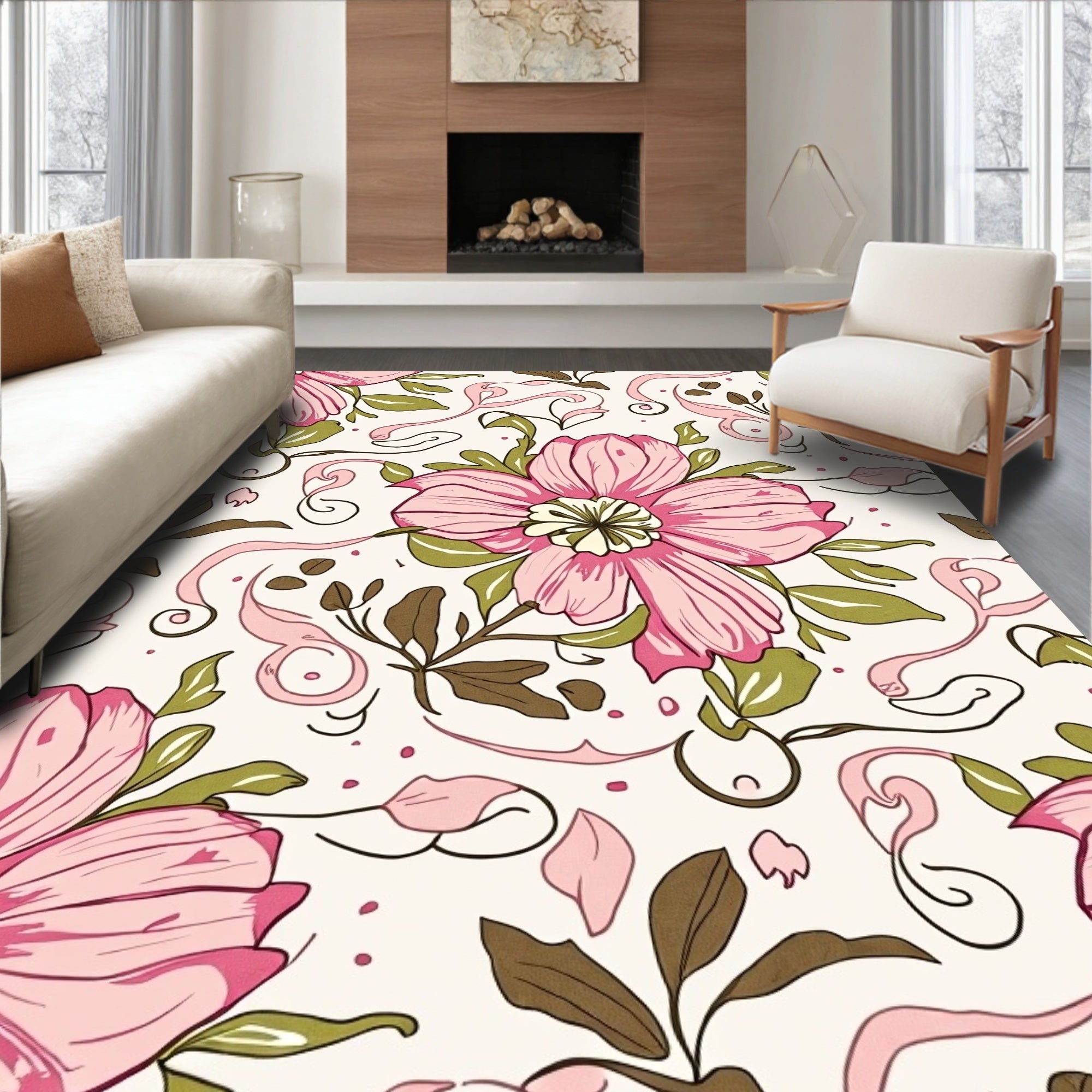 Pink Floral Swirls Botanical Pattern Rug