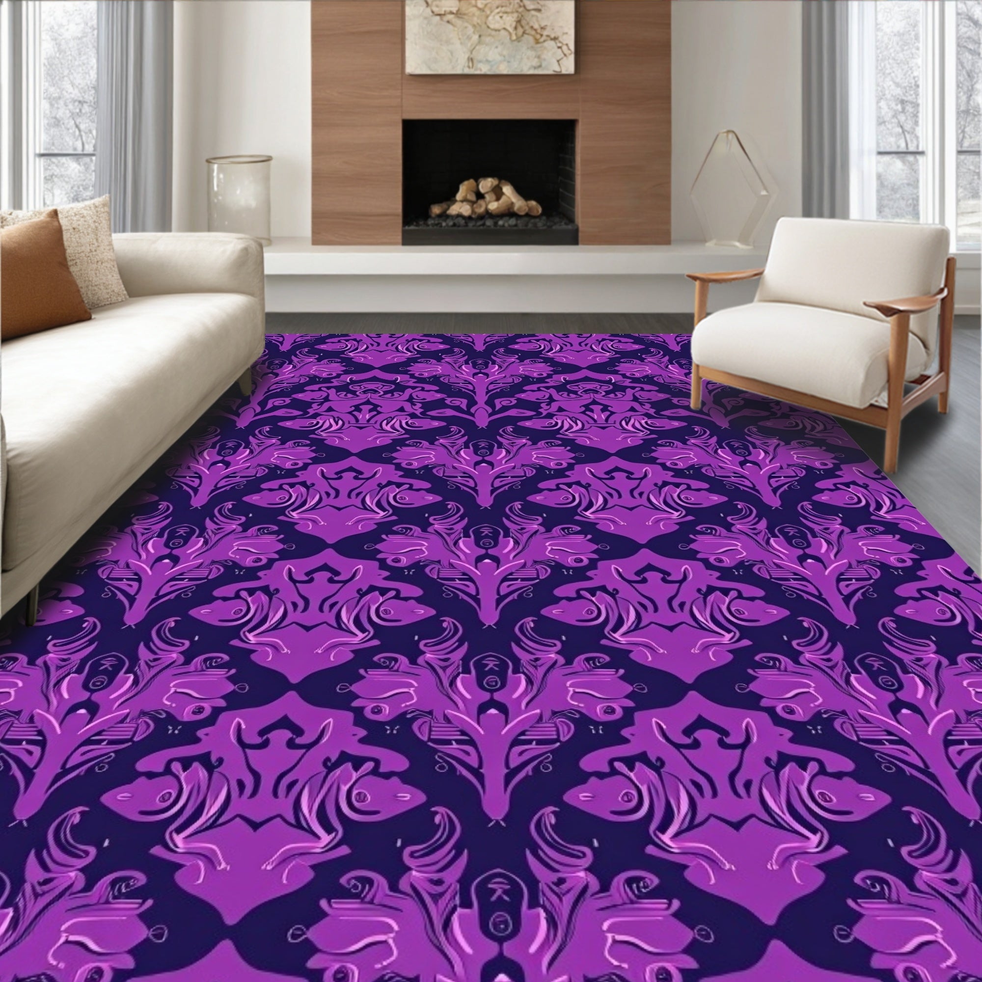 Purple Floral Damask Pattern Rug