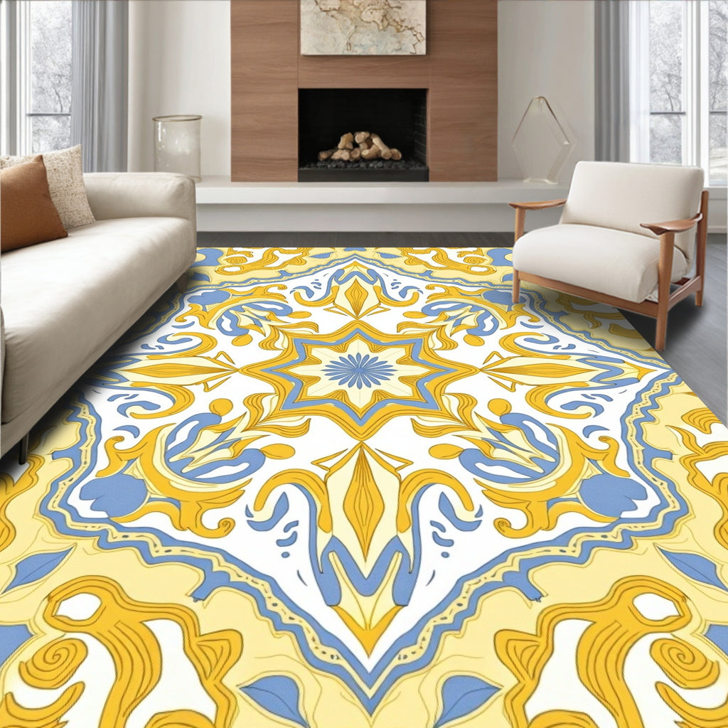 Sunlight Yellow Blue Damask Tile Rug