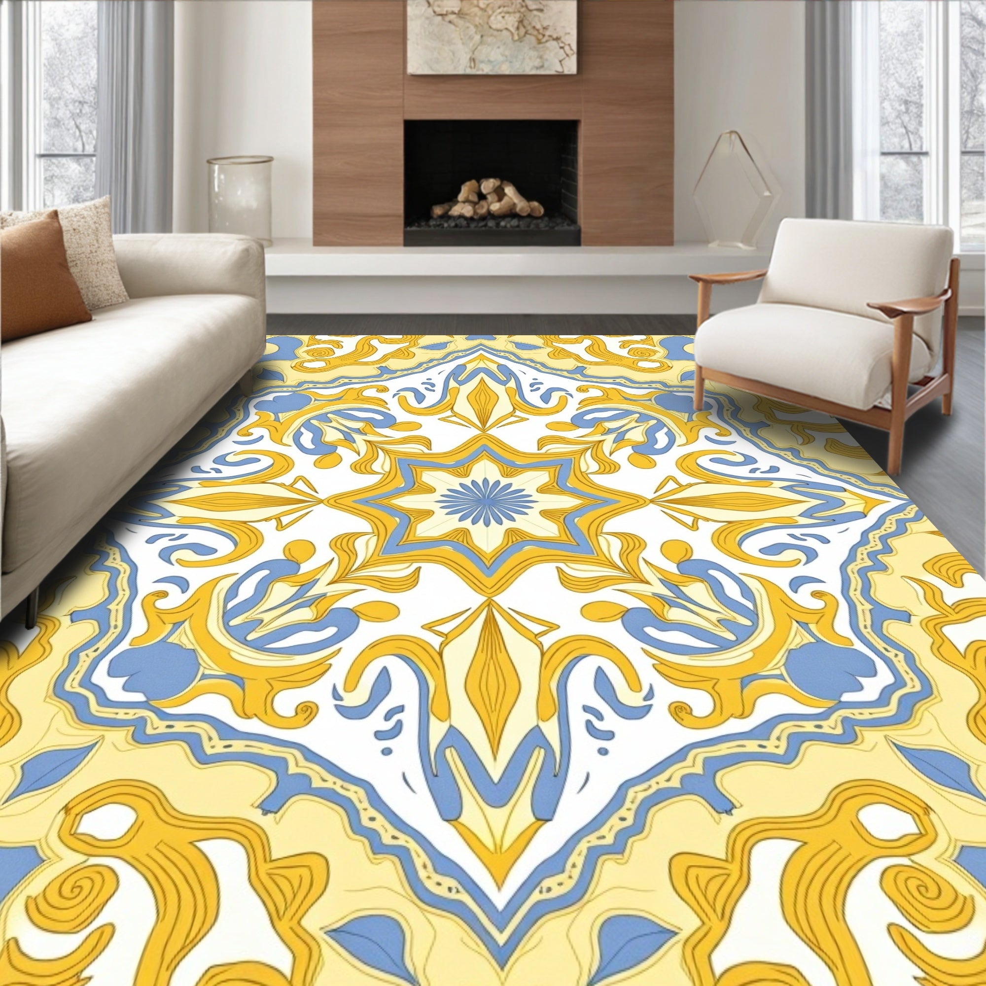 Sunlight Yellow Blue Damask Tile Rug