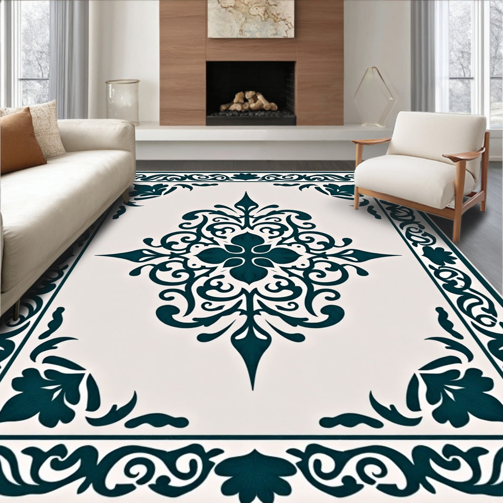 Elegant Teal Scrollwork Medallion Rug