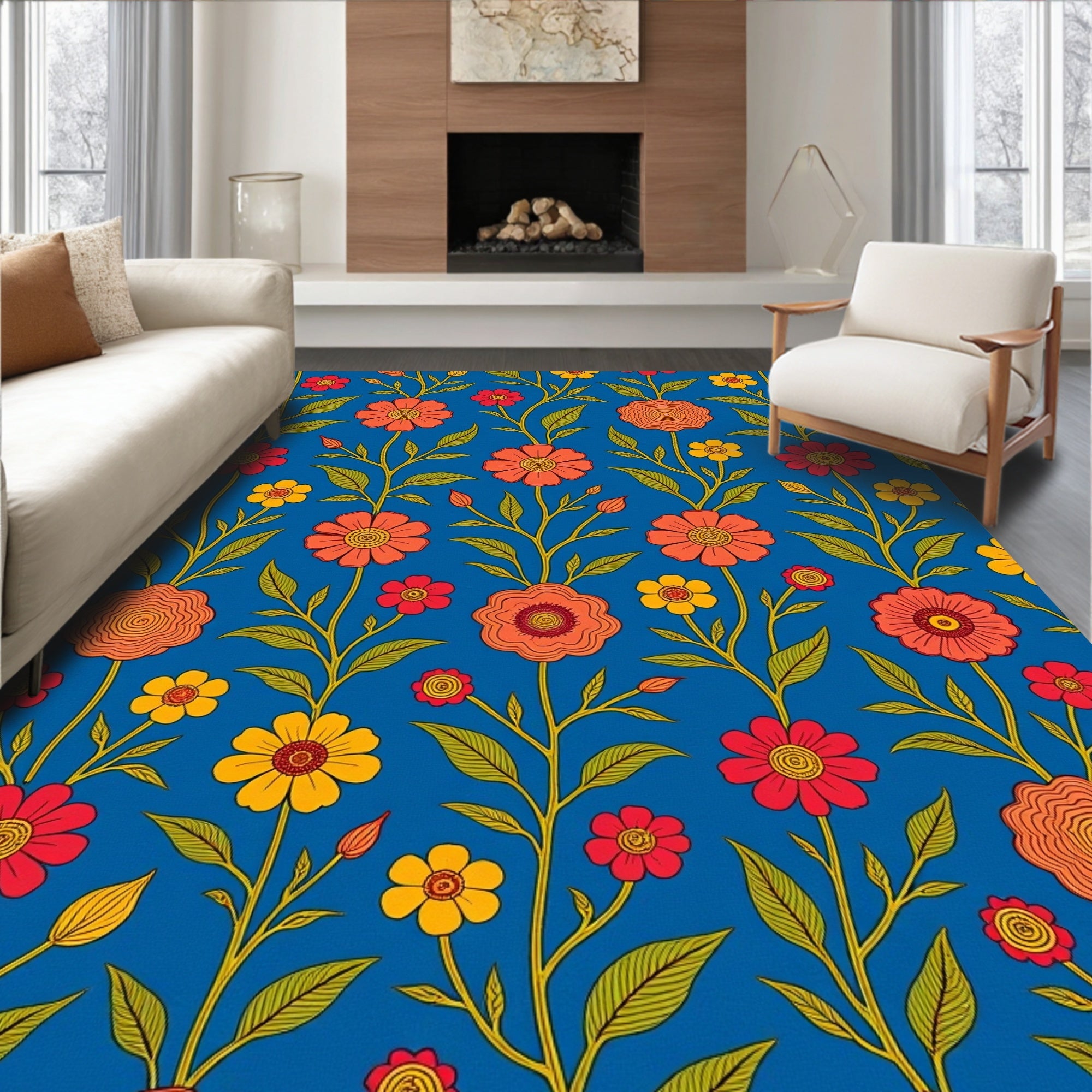 Retro Floral Vines With Red And Orange Blossoms Rug