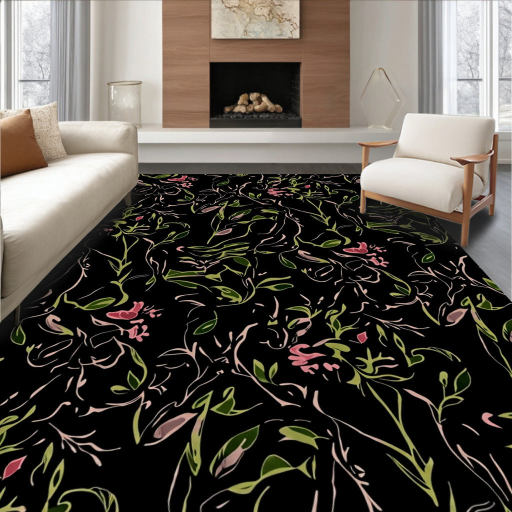 Black Floral Abstract Outline Rug