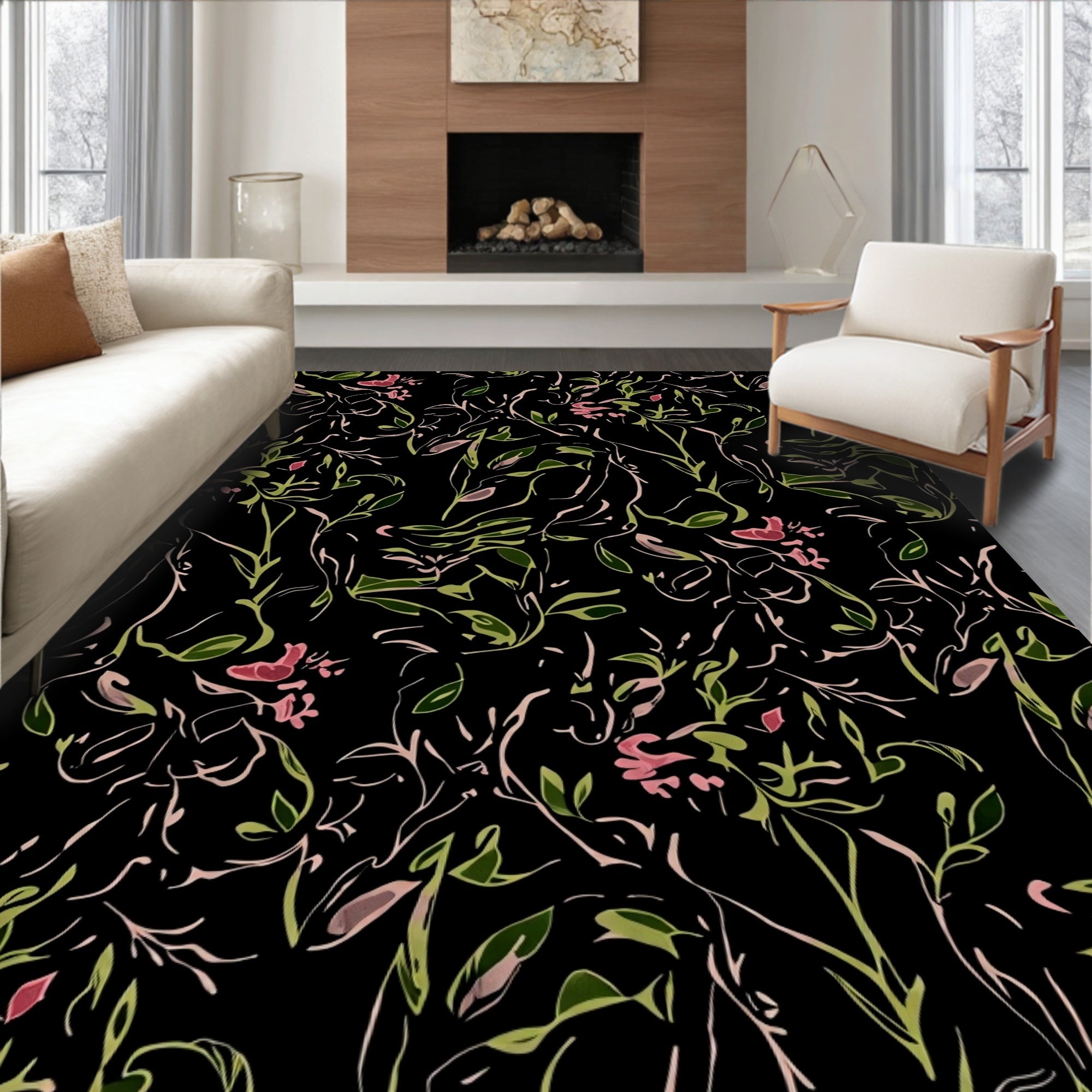 Black Floral Abstract Outline Rug