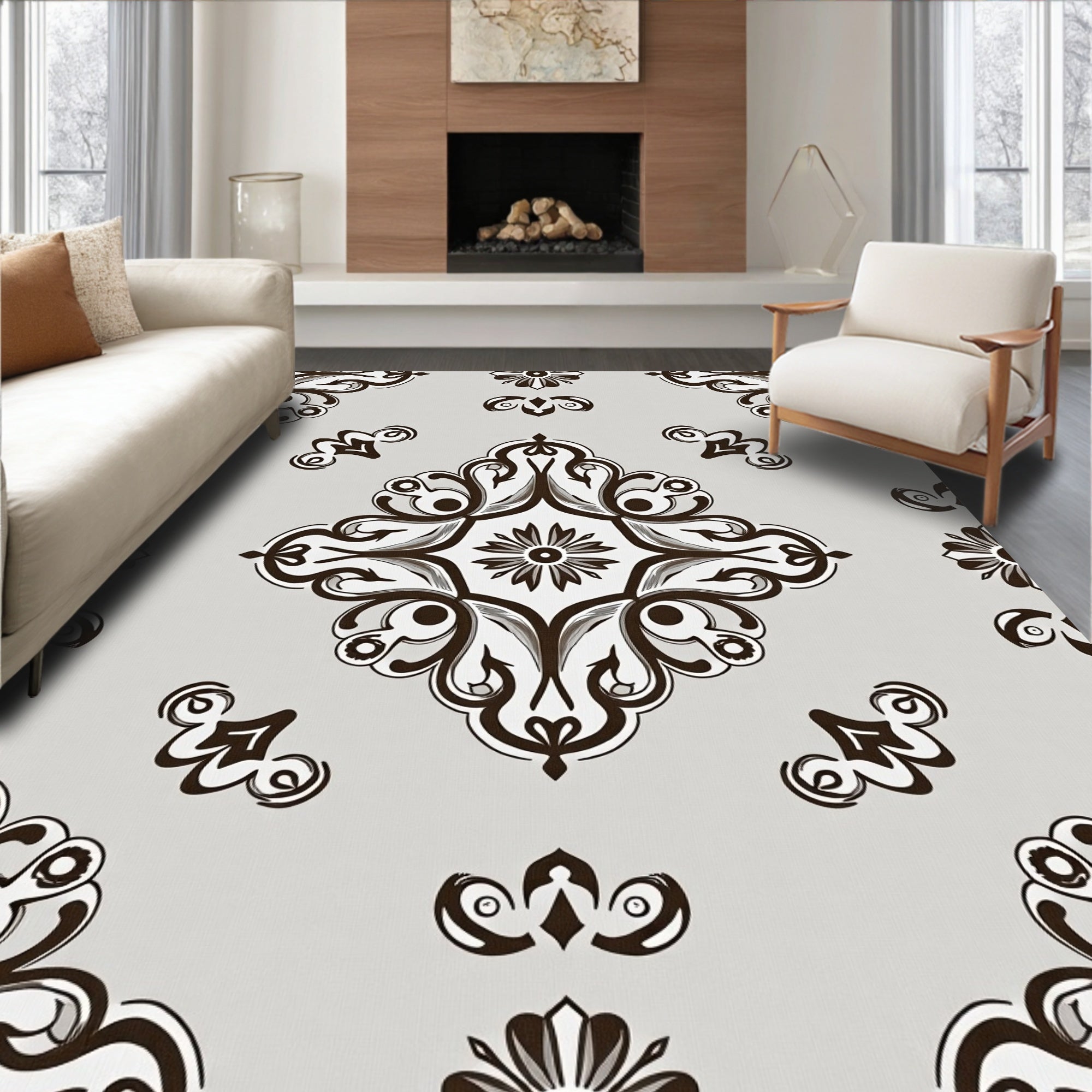 V intage Scrollwork Floral Crest Design Rug