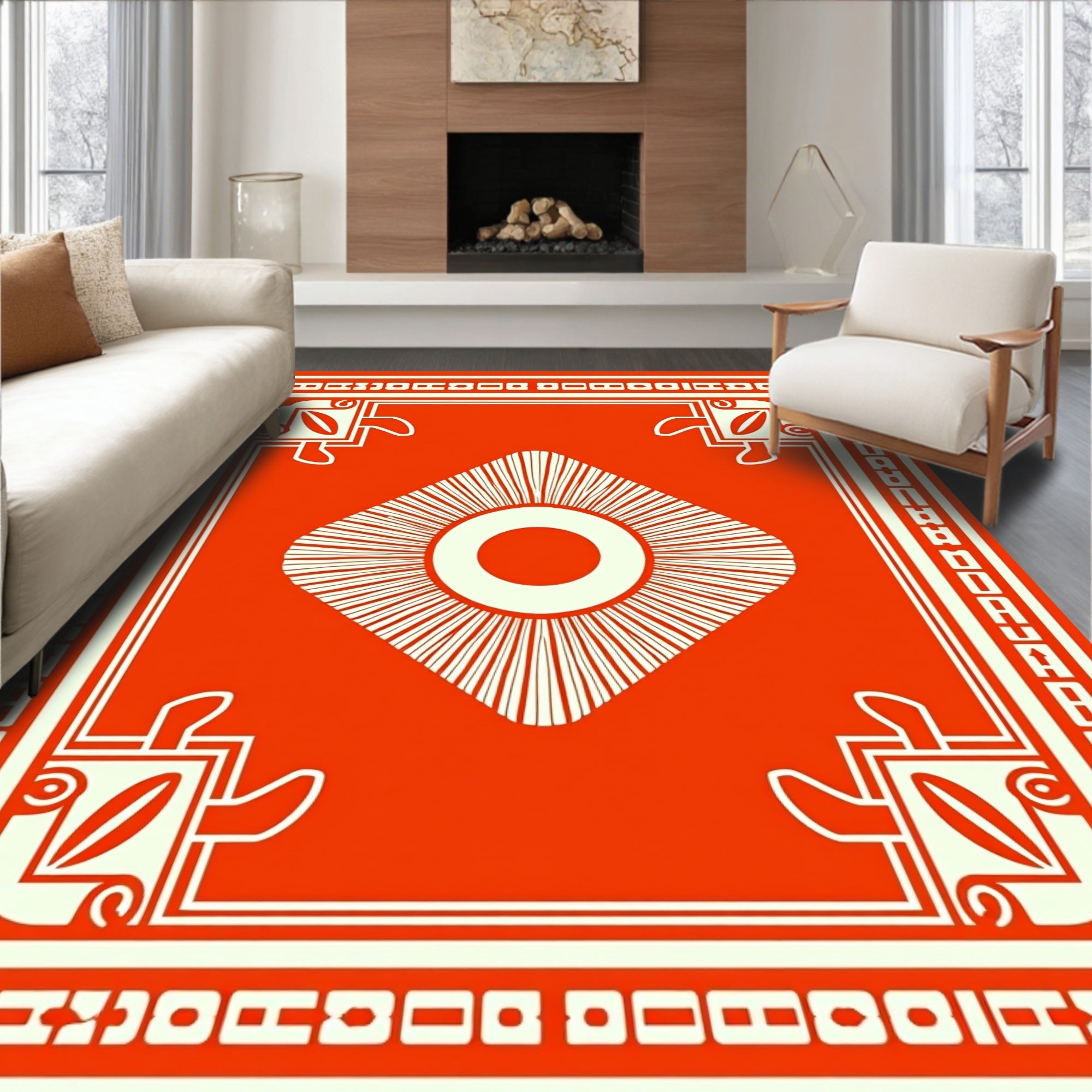 Bold Red And Cream Geometric Medallion Rug
