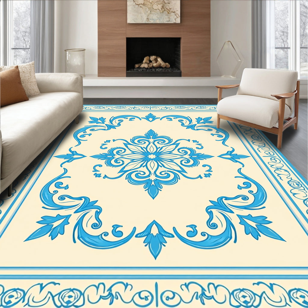 Elegant Blue Floral Medallion Border Design Rug