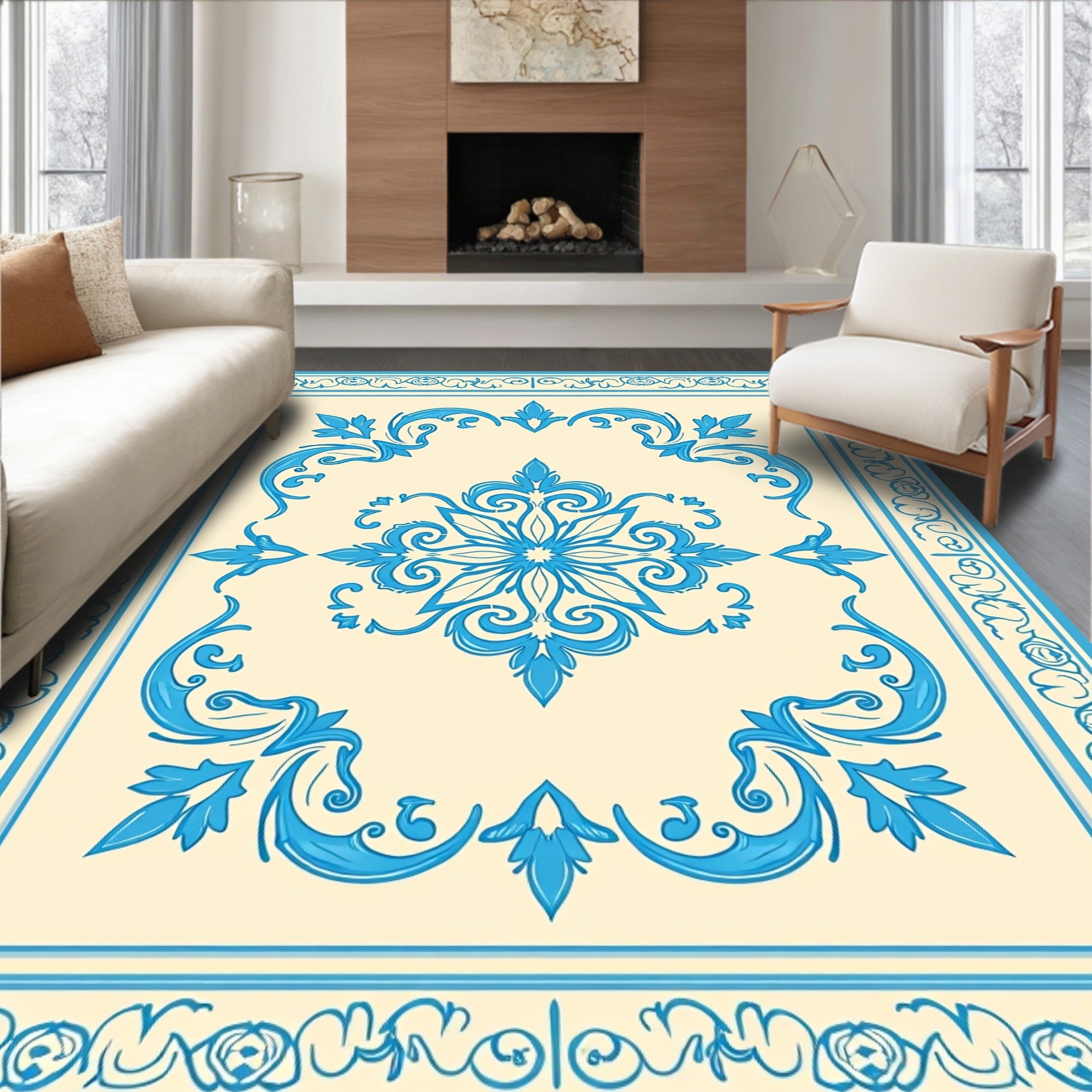 Elegant Blue Floral Medallion Border Design Rug
