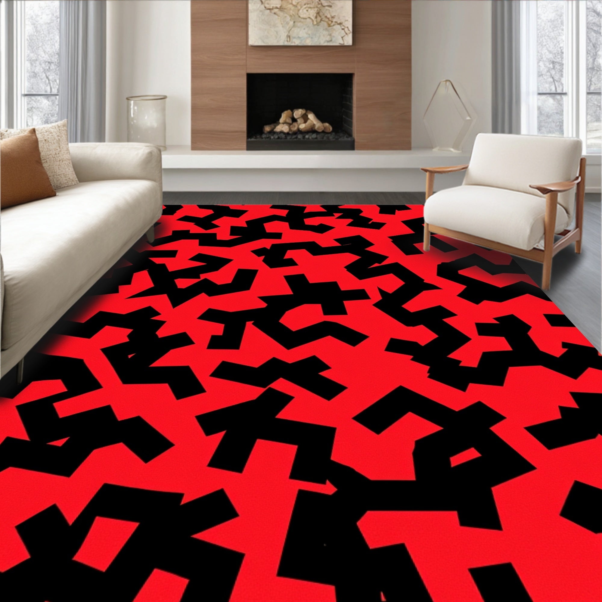 Red Black Geometric Pattern Rug