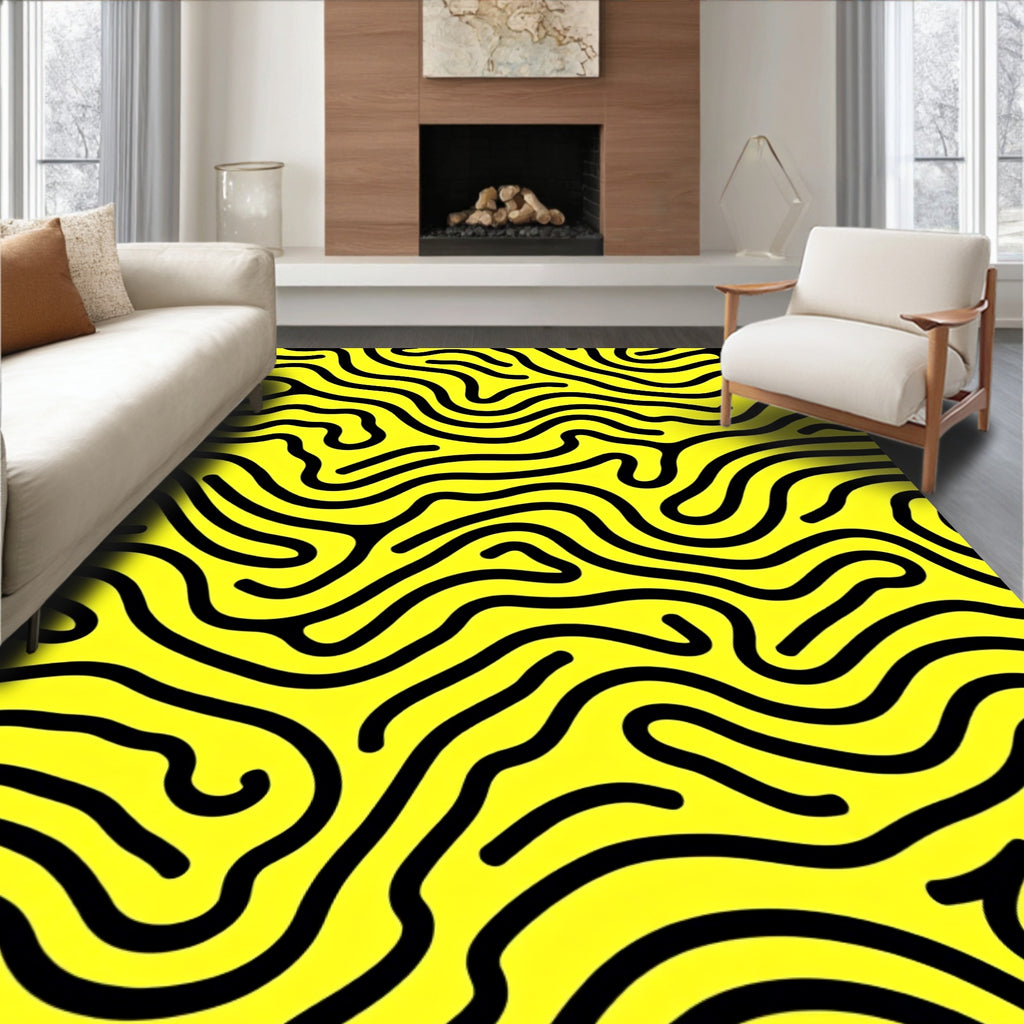 Bold Yellow Black Wavy Lines Rug