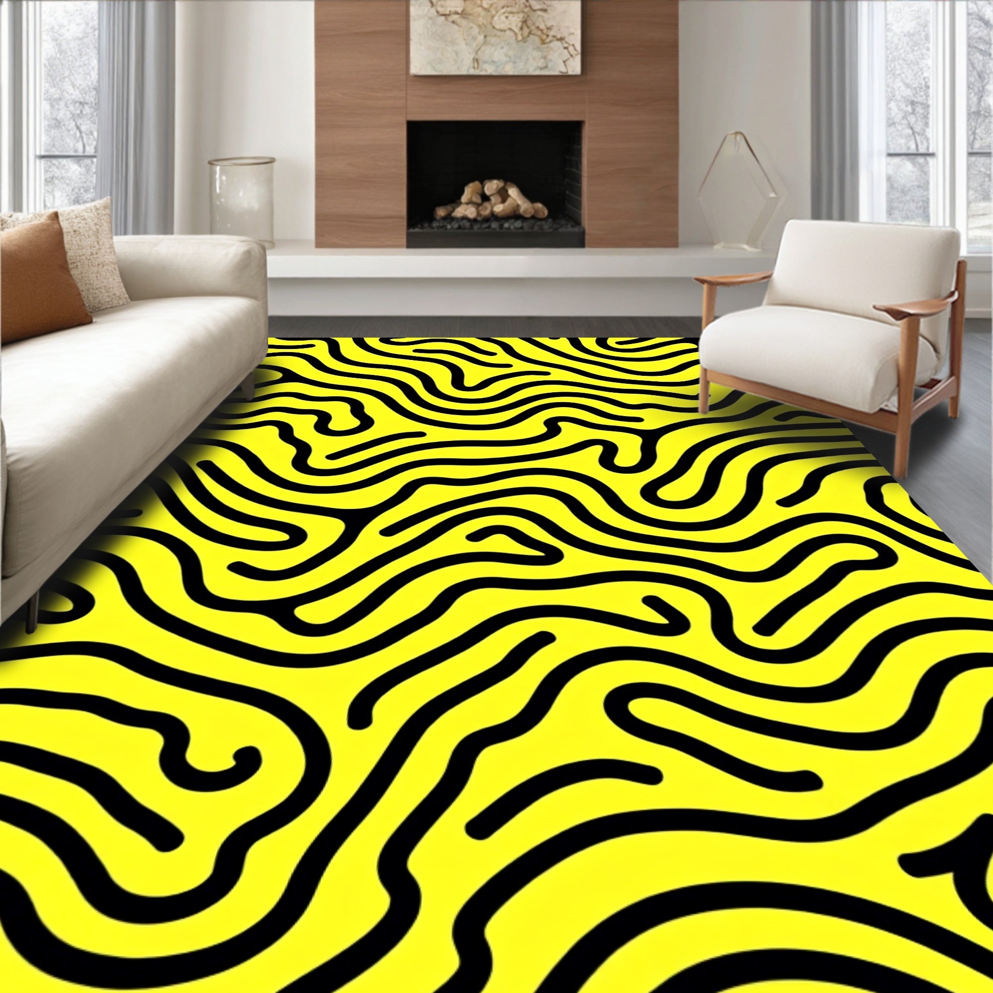 Bold Yellow Black Wavy Lines Rug