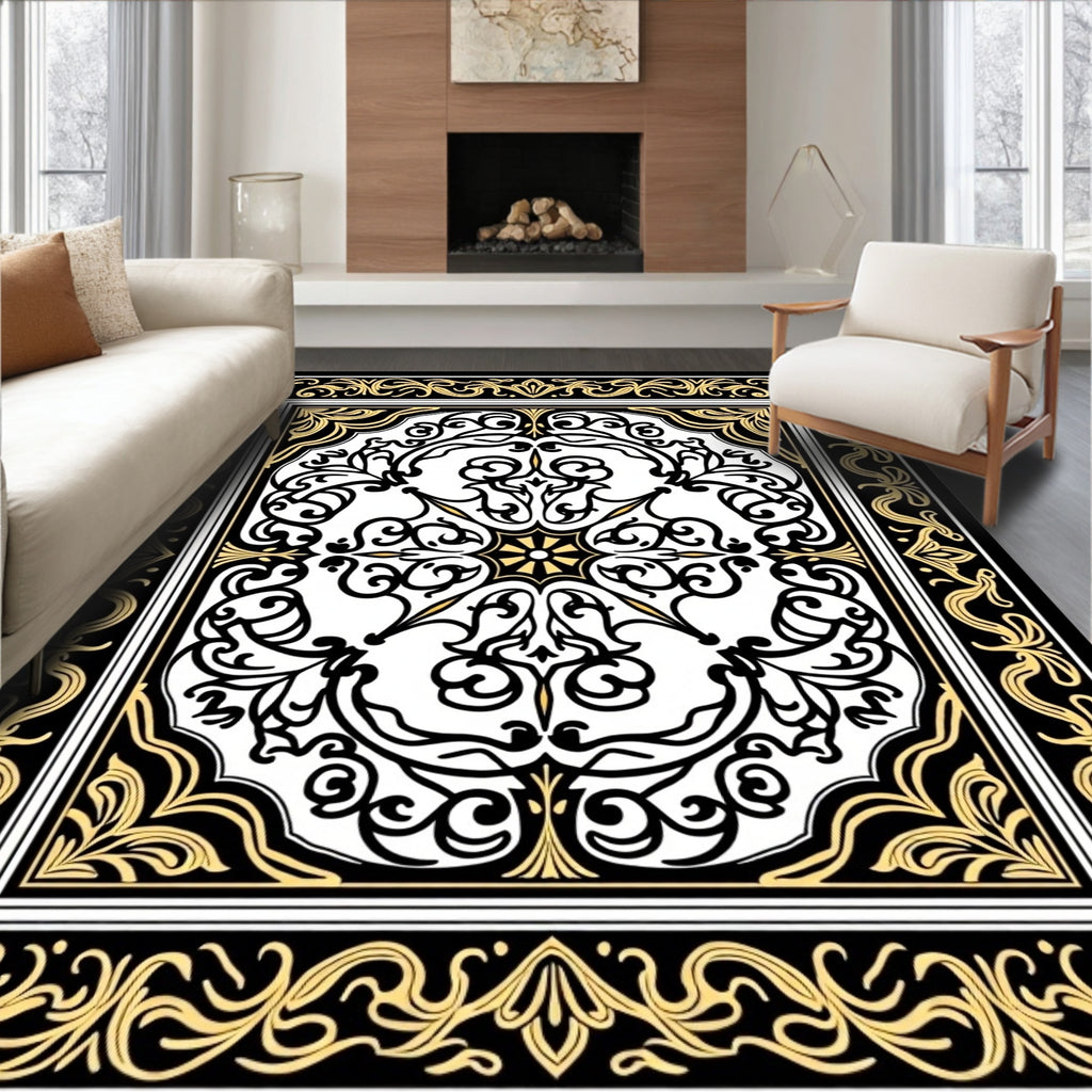 Ornate Black Gold Scrollwork Design Rug