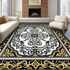 Ornate Black Gold Scrollwork Design Rug