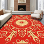Bold Red Sunburst Mandala Design Rug