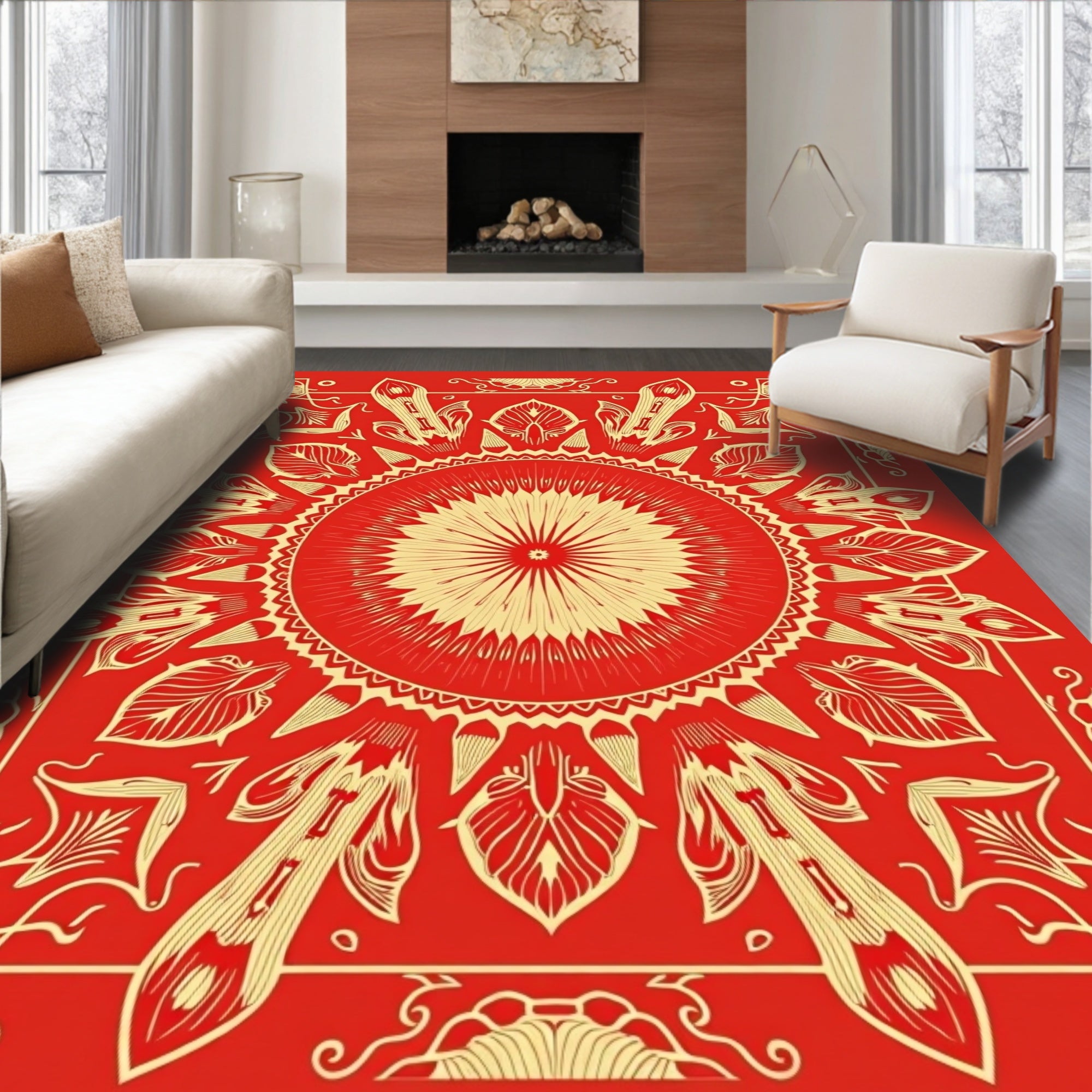 Bold Red Sunburst Mandala Design Rug