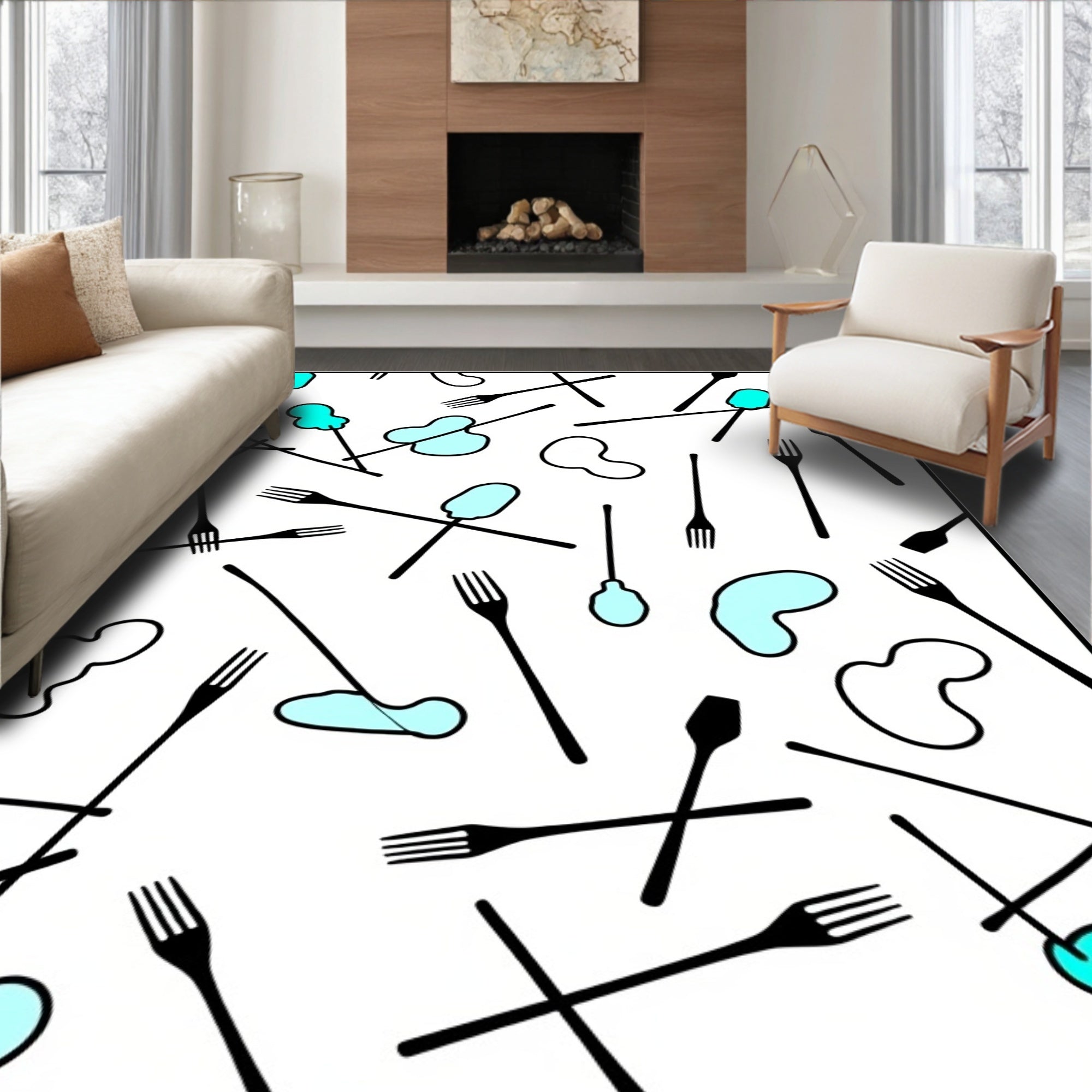 Playful Aqua Blob and Fork Collage Rug