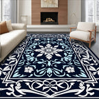 Dark Blue White Floral Scroll Pattern Rug