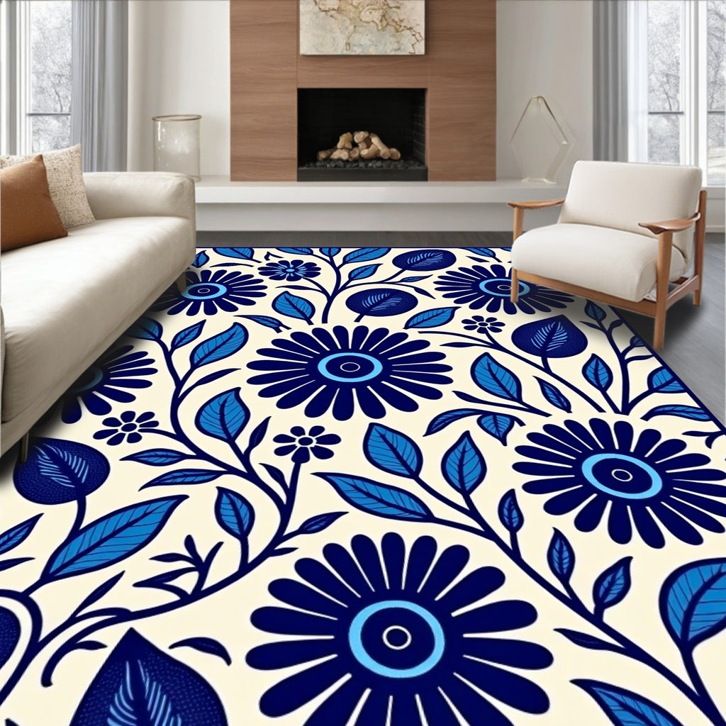 Bold Blue Floral Garden Pattern Rug