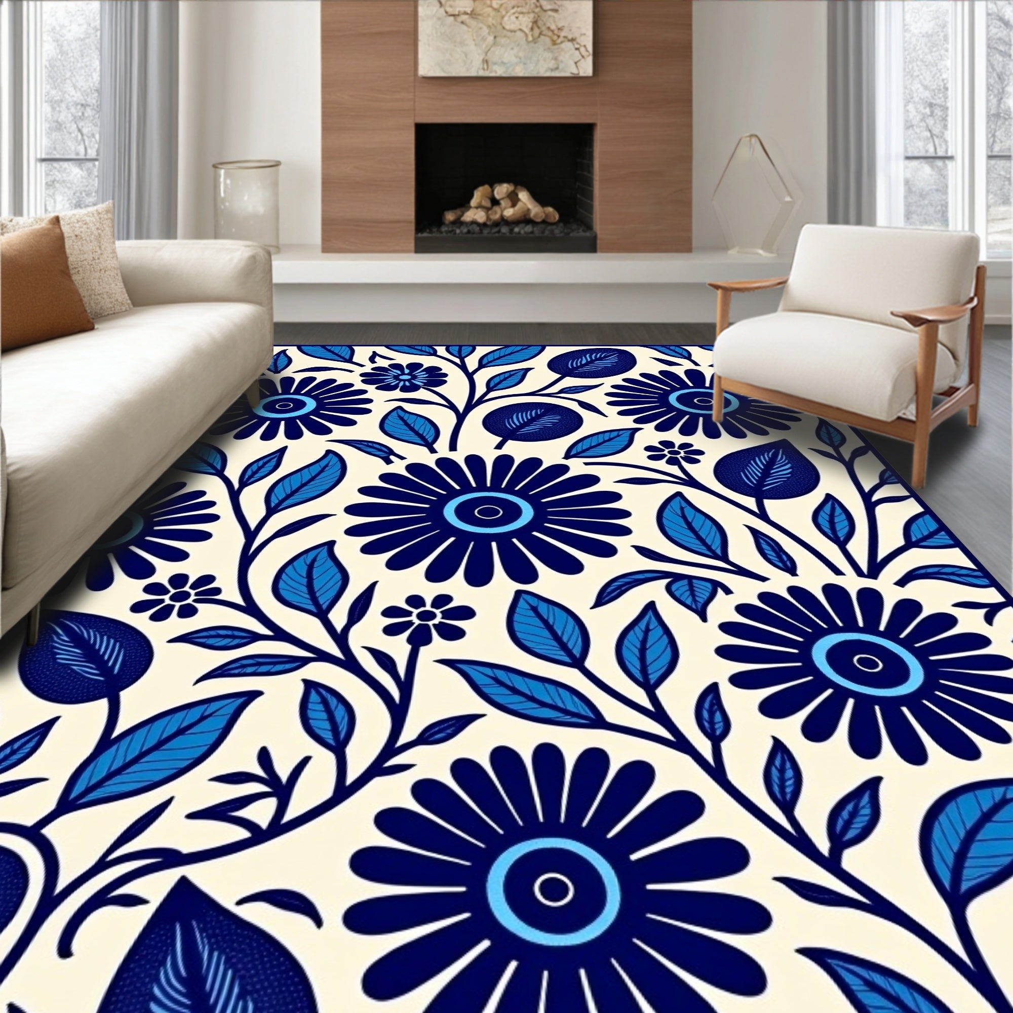 Bold Blue Floral Garden Pattern Rug