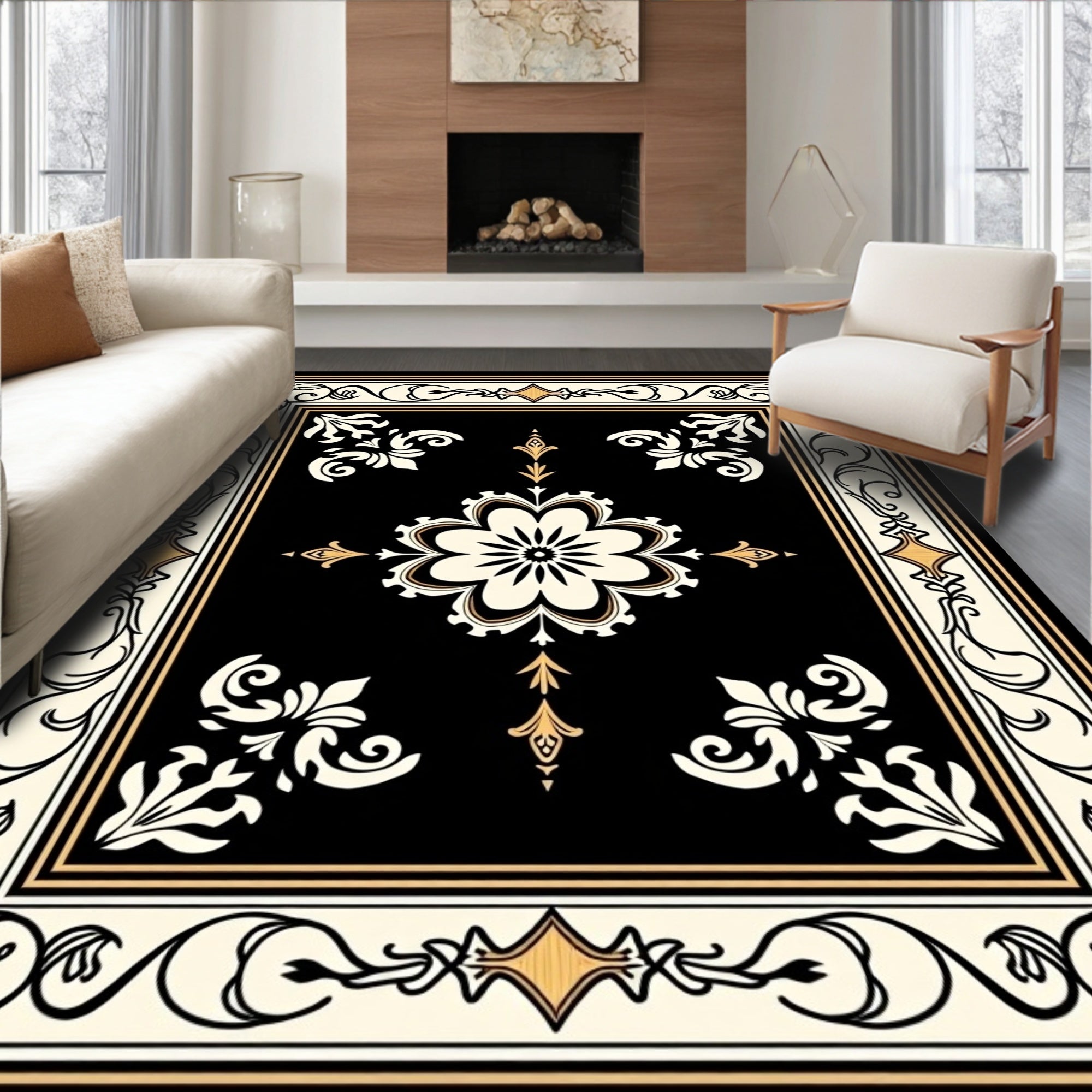 Ornate Black Gold Floral Motif Rug