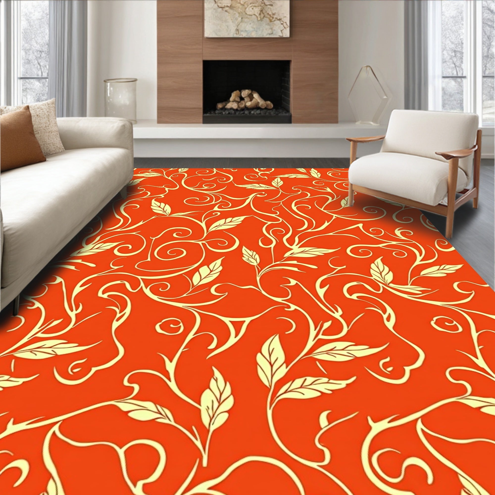 Bold Orange Vine Swirl Pattern Rug