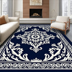 Deep Blue White Intricate Floral Pattern Rug