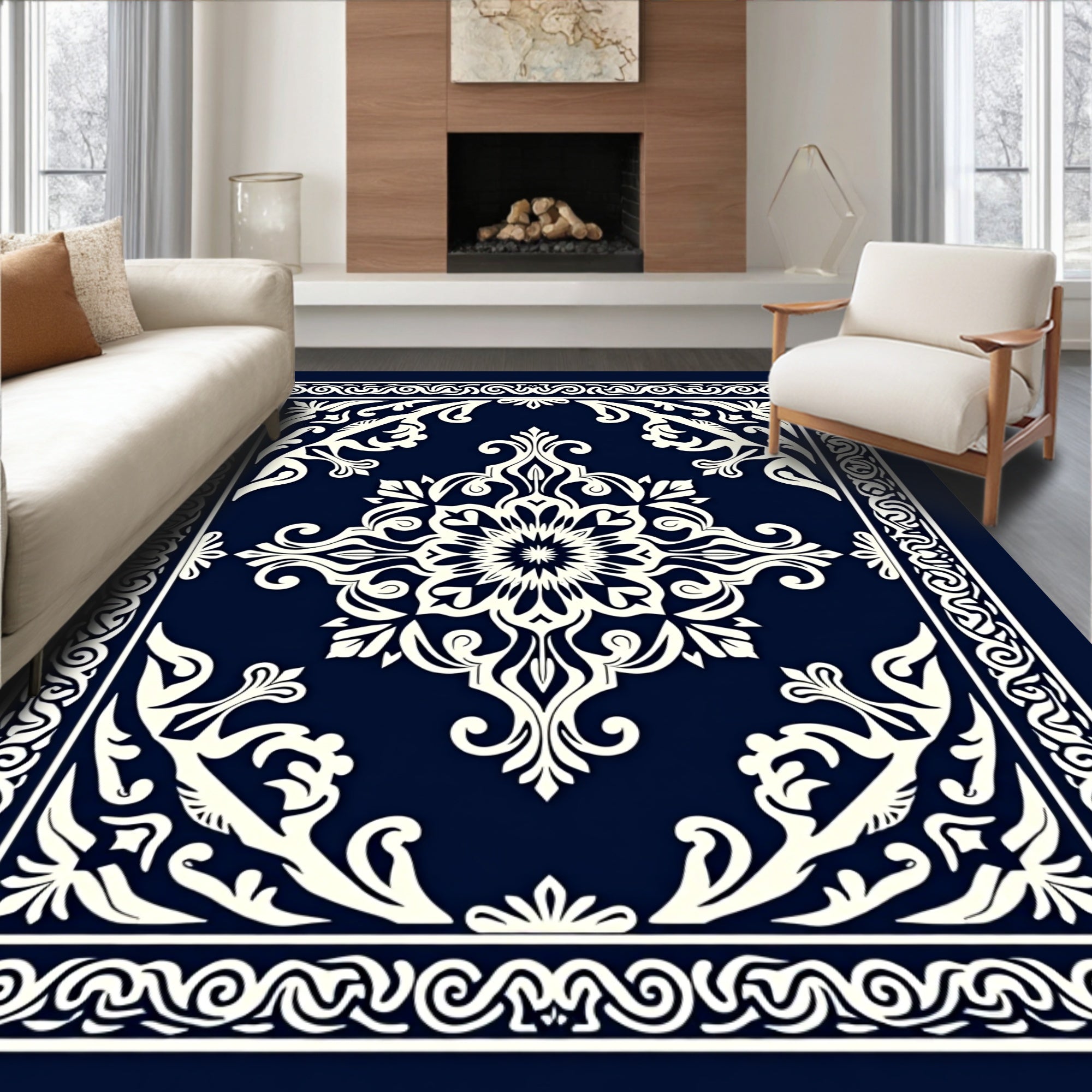 Deep Blue White Intricate Floral Pattern Rug