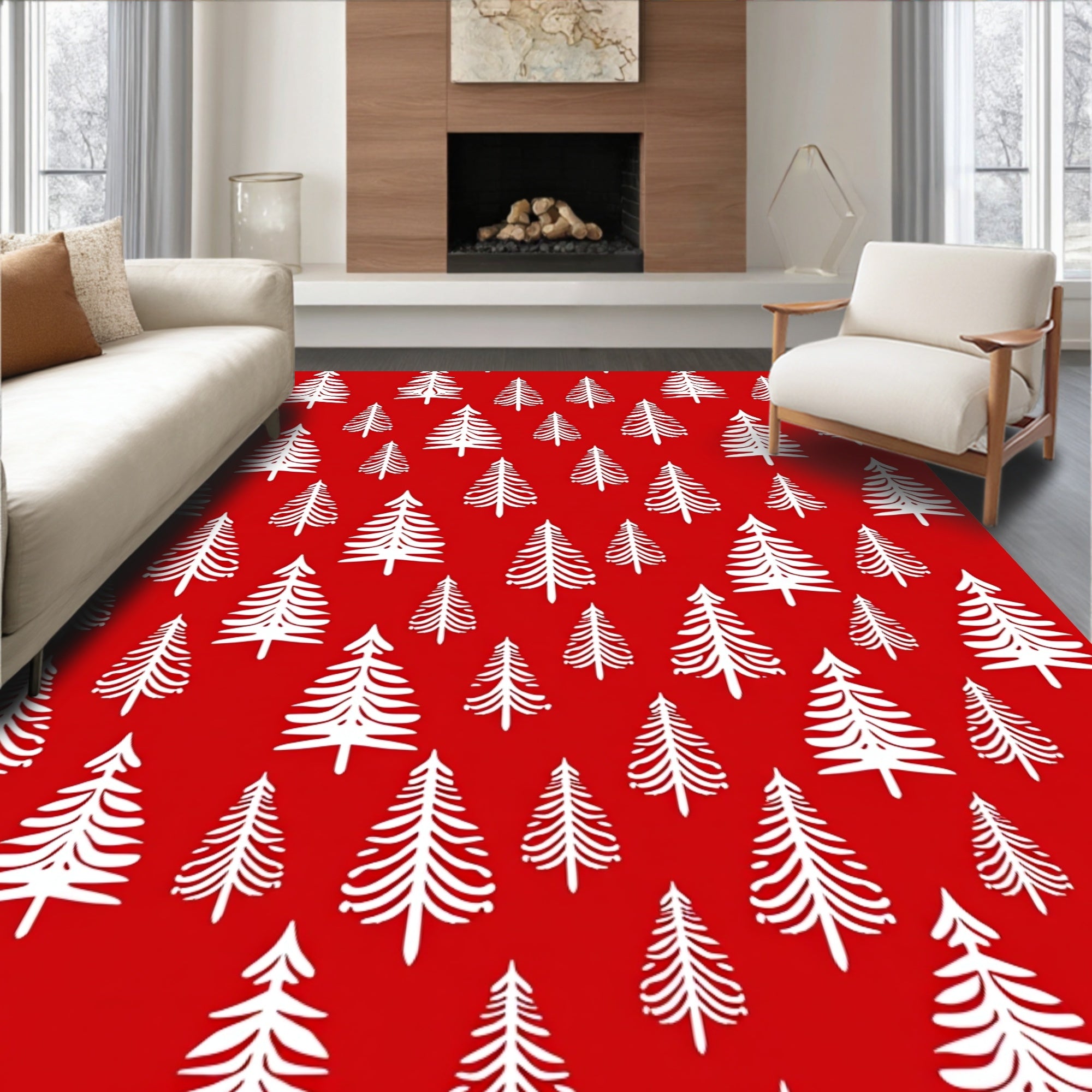 Crimson White Evergreen Forest Repeat Rug