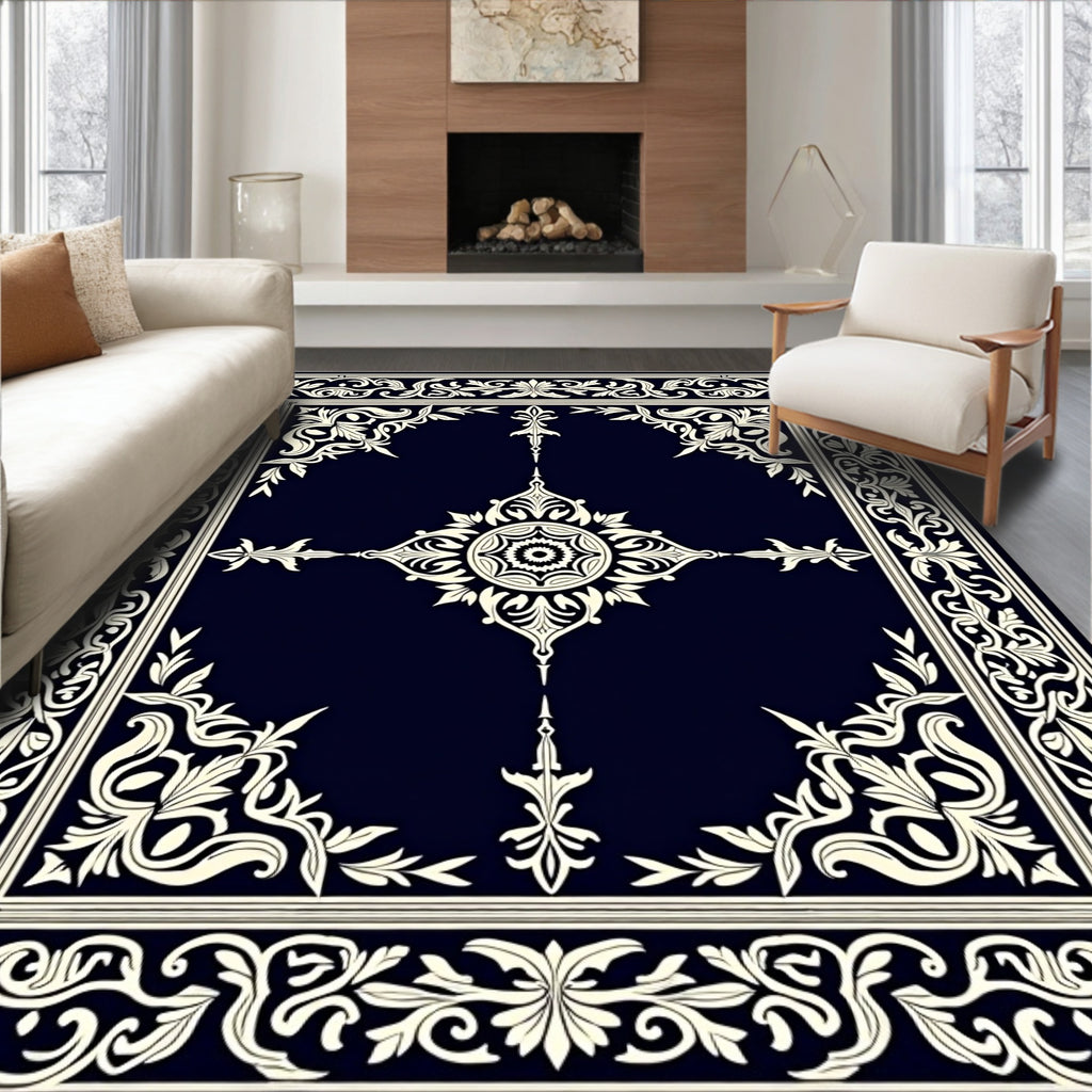 Dark Cream Ornate Floral Rectangular Rug