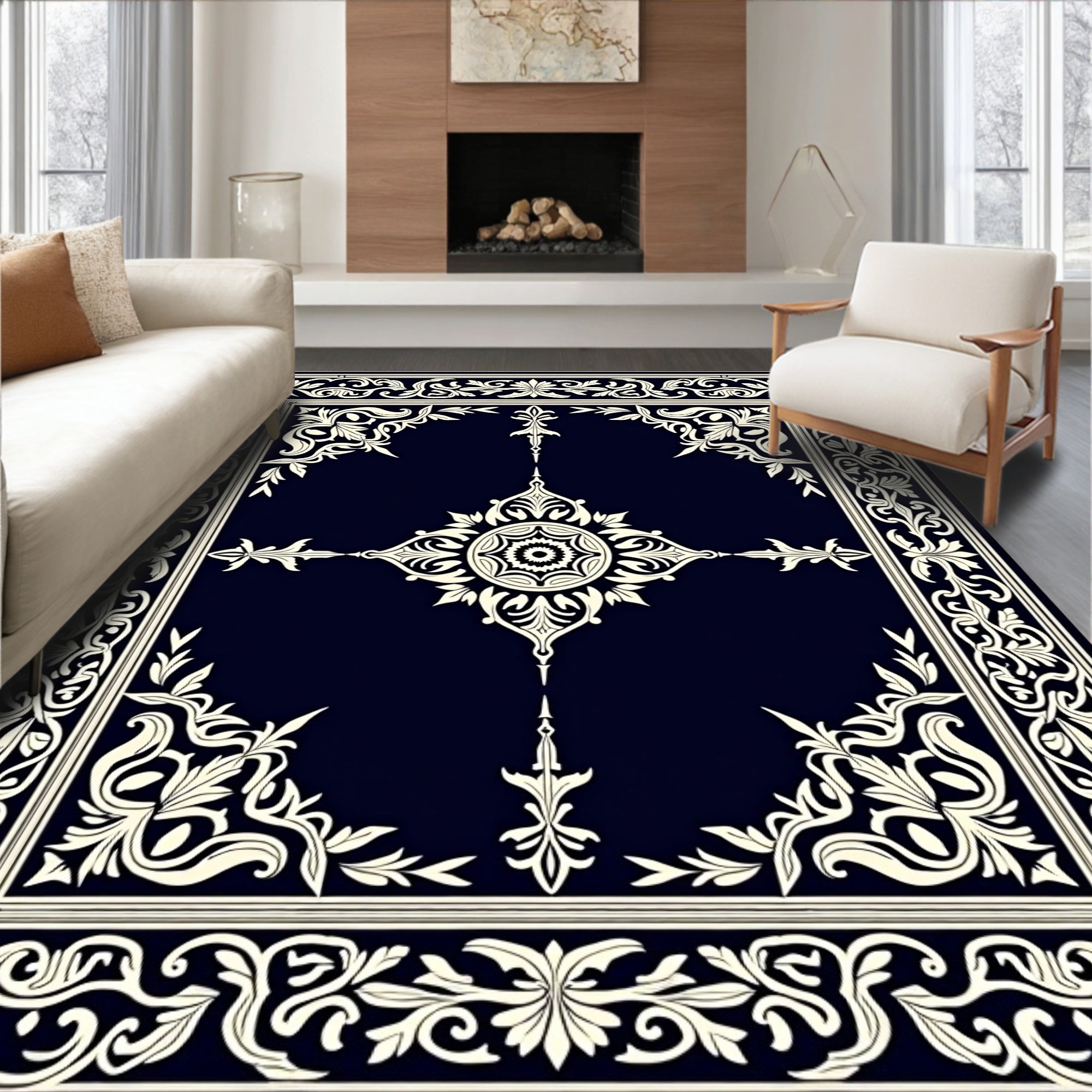 Dark Cream Ornate Floral Rectangular Rug