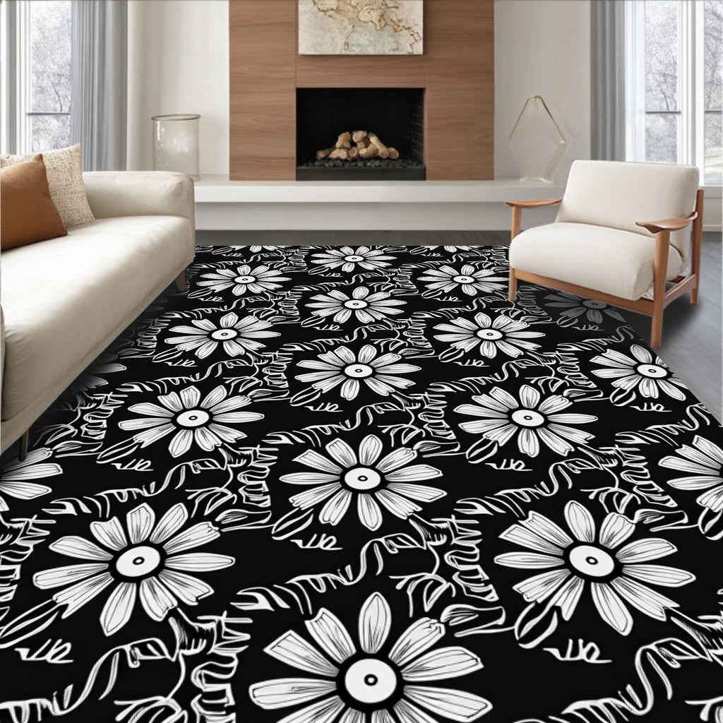 Densely Packed Floral Sketch Pattern Rug