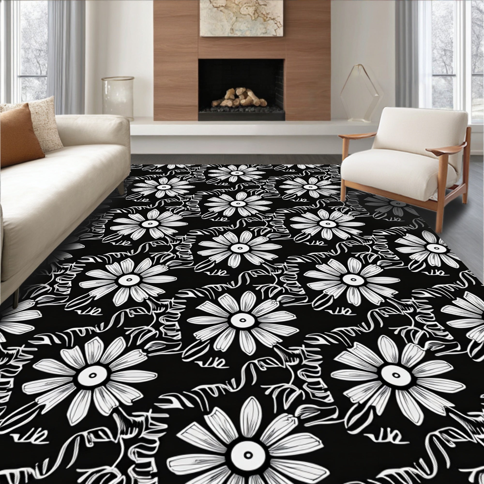 Densely Packed Floral Sketch Pattern Rug