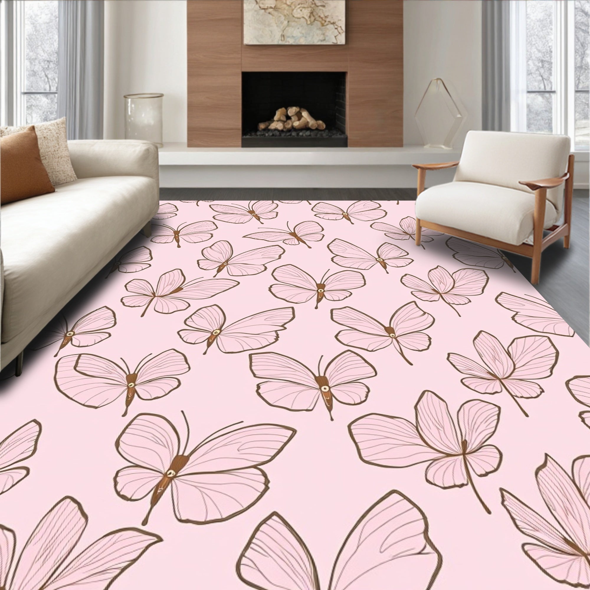 Delicate Pink Butterfly Pattern Design Rug