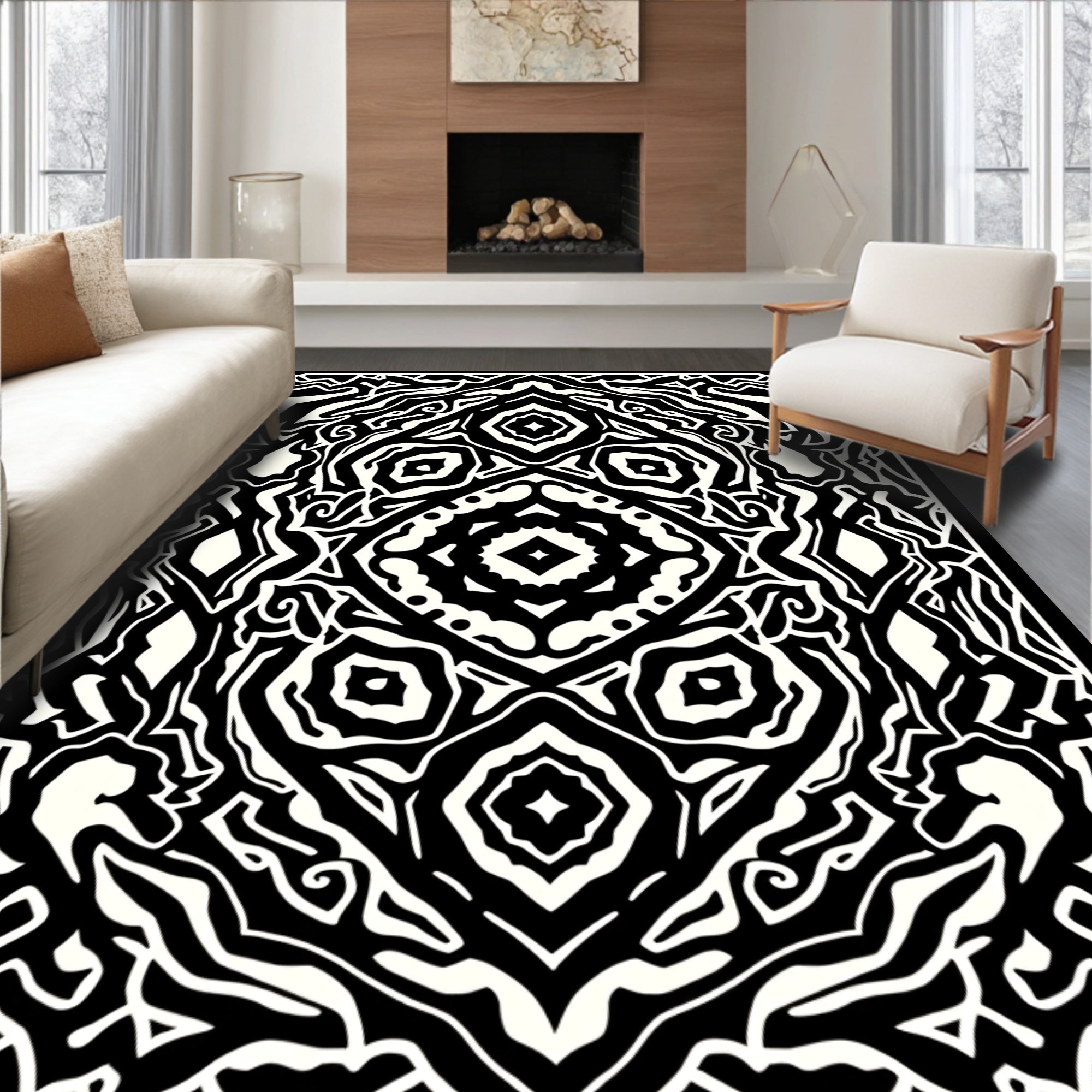 Bold Black White Abstract Design Rug