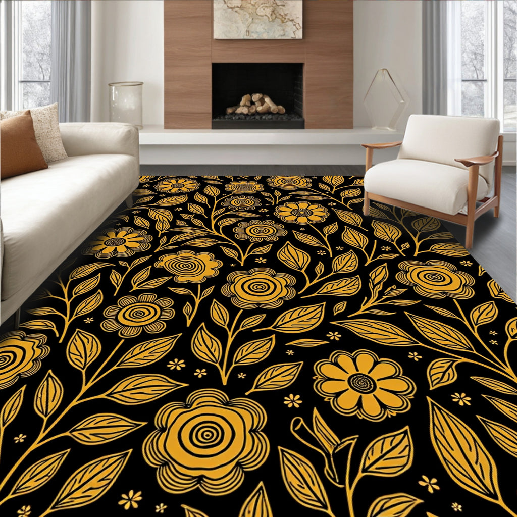 Golden Floral Vine Dark Ground Rug