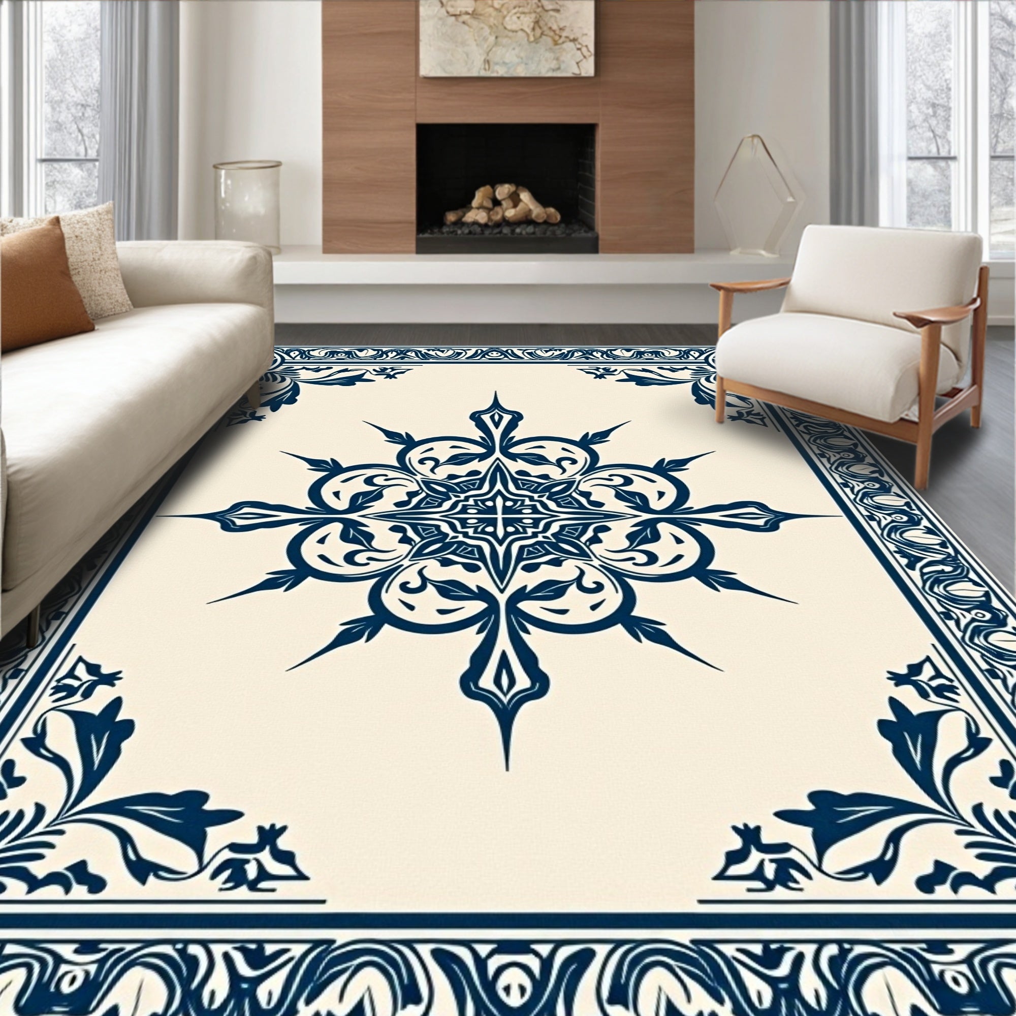 Intricate Scrollwork Star and Border Rug