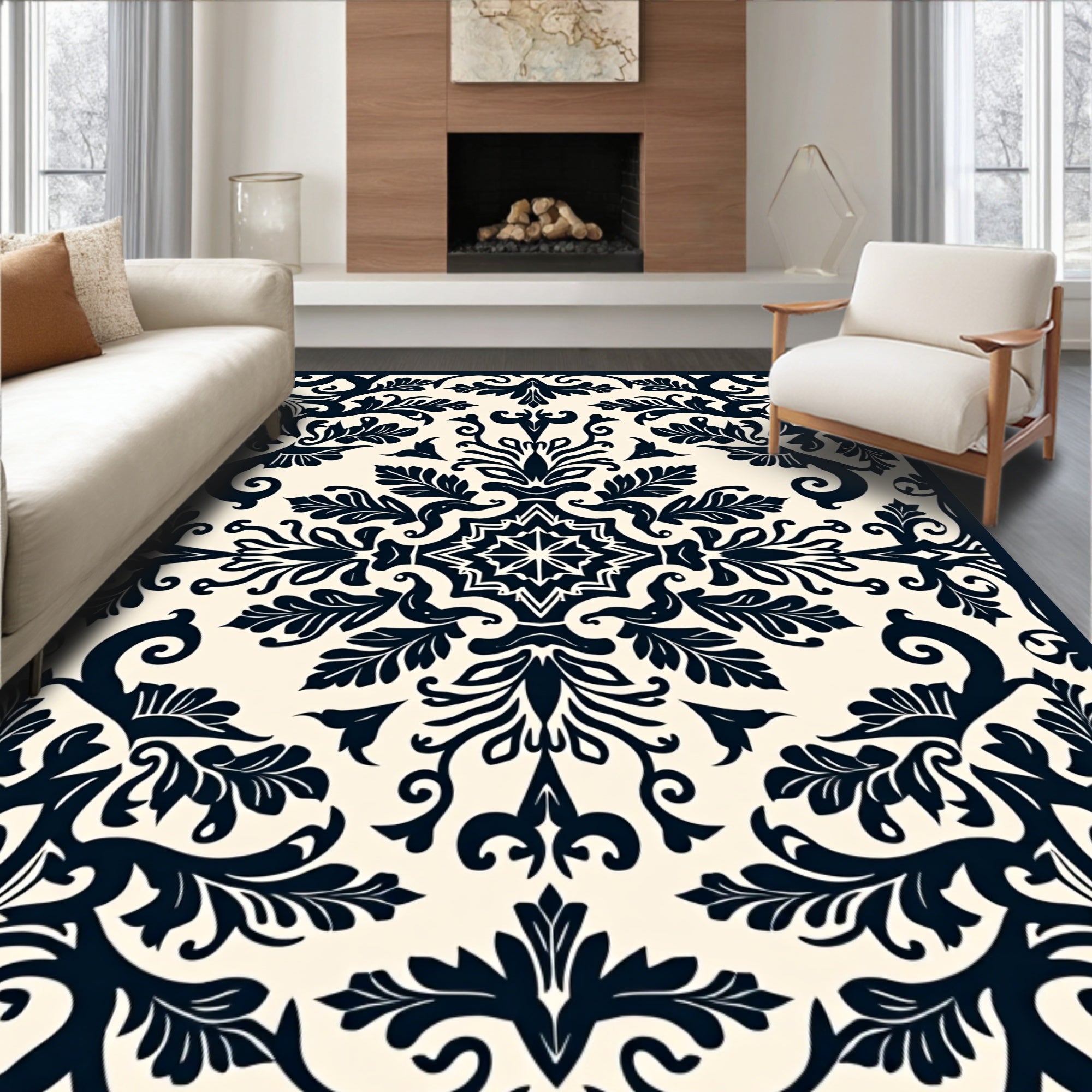 Classic Swirling Floral Damask Design Rug