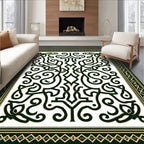 Dark Green White Scroll Filigree Border Rug