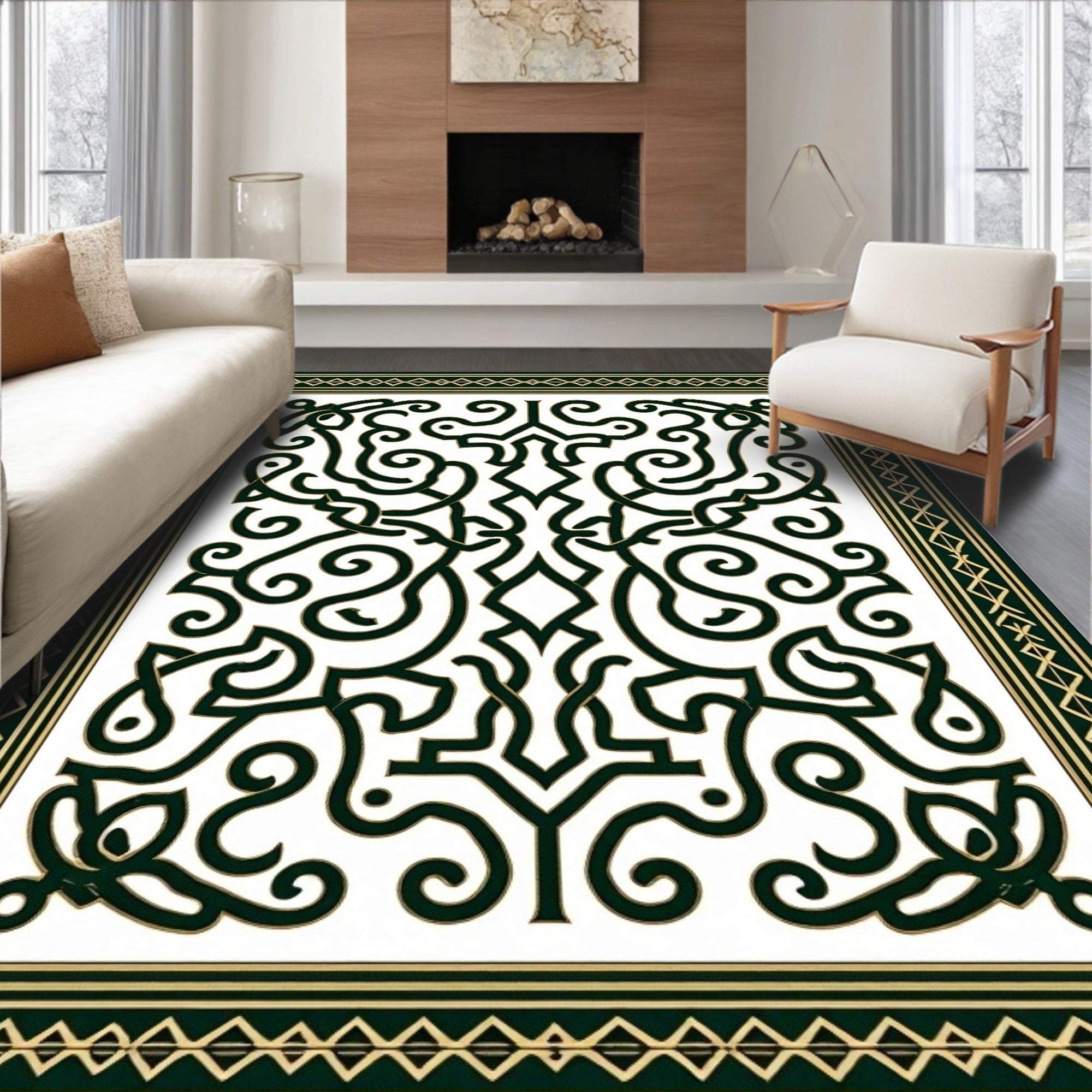Dark Green White Scroll Filigree Border Rug