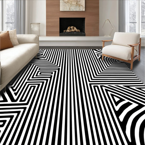 Abstract Geometric Black White Maze Pattern Rug