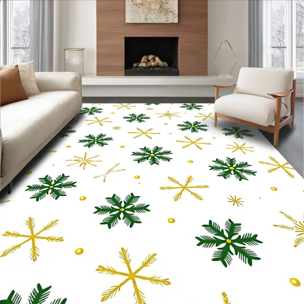 Green Gold Snowflake Christmas Rug