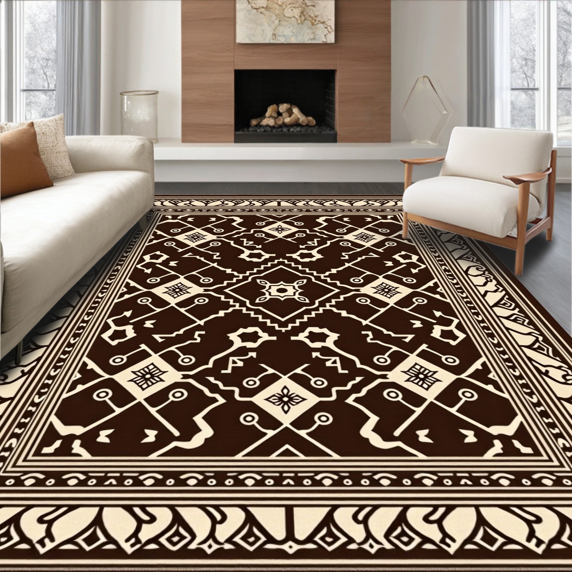 Geometric Ethnic Inspired Cream Brown Rug