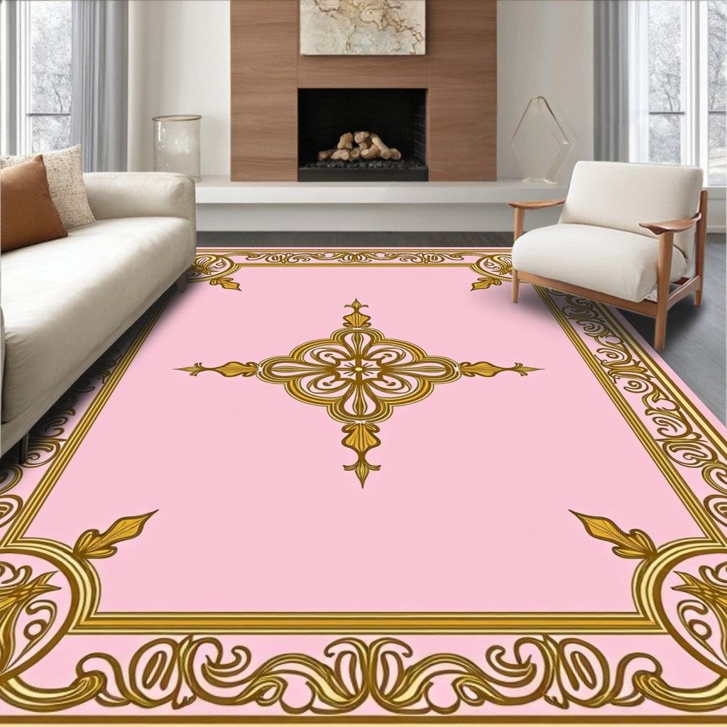 Elegant Gold Scrollwork Pink Design Rug