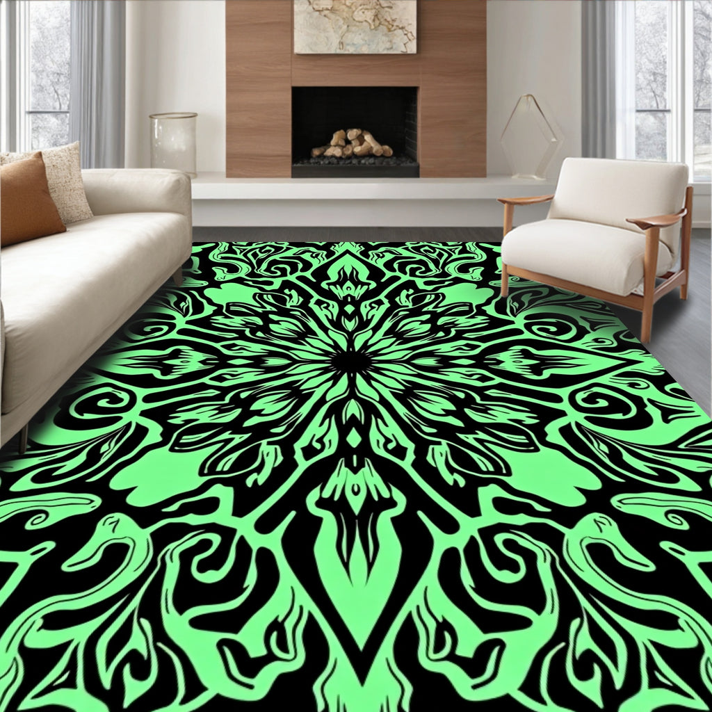 Black Neon Green Mandala Pattern Rug
