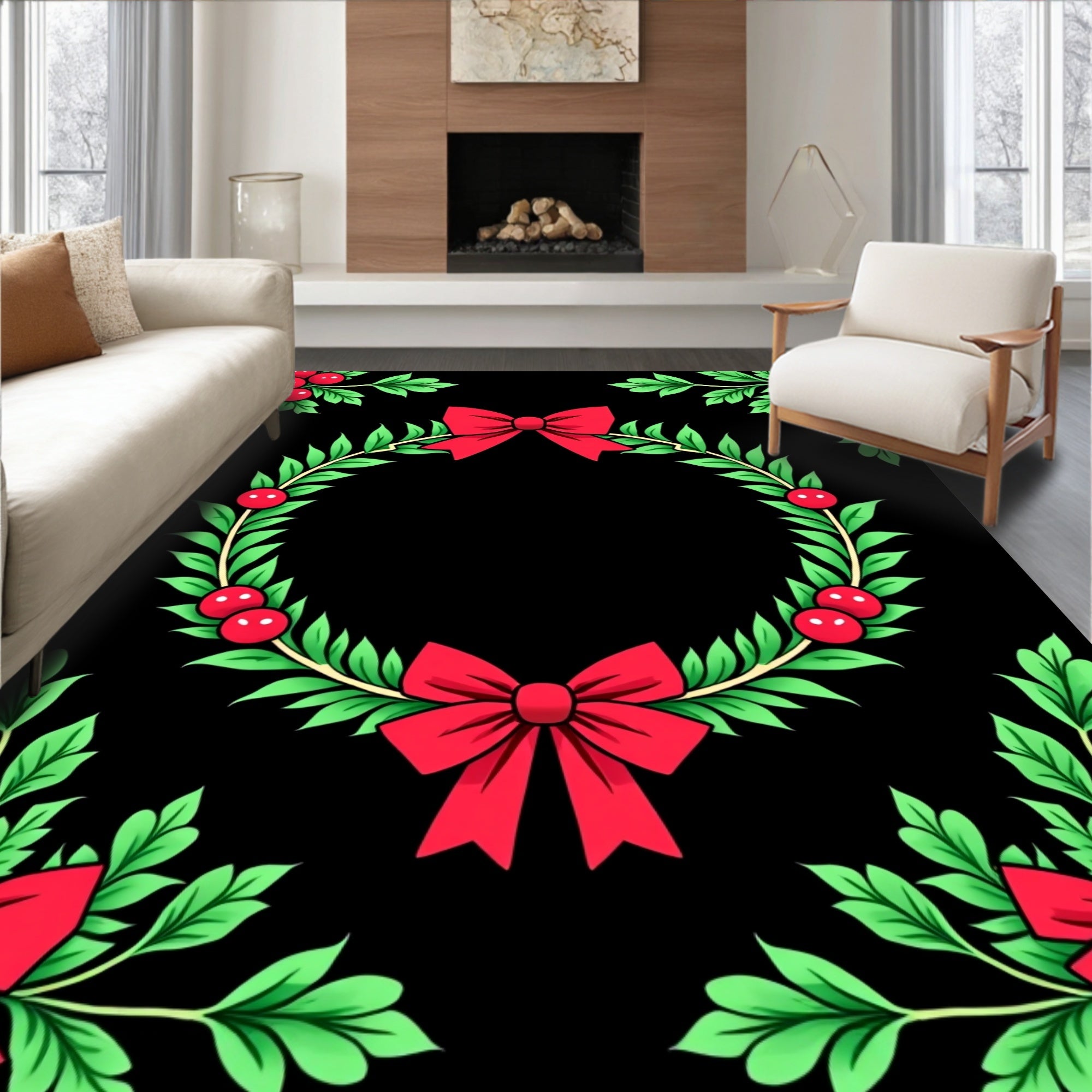Red Green Holly Berry Wreath Bows Rug