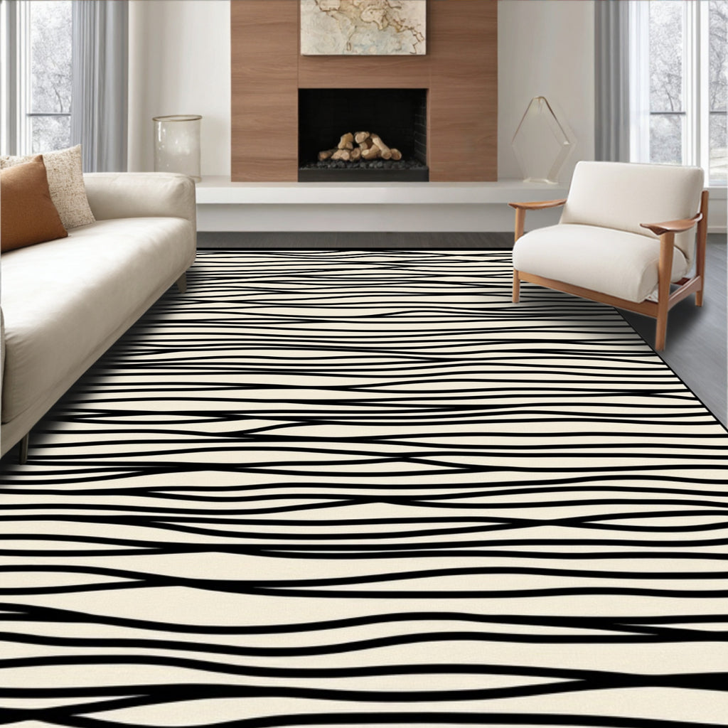 Abstract Black Line Textured Rug