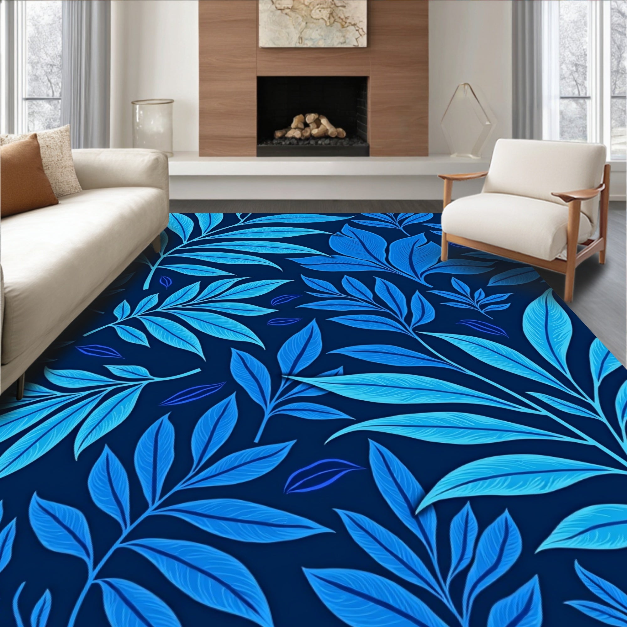 Shades Of Blue Tropical Leaf Pattern Rug